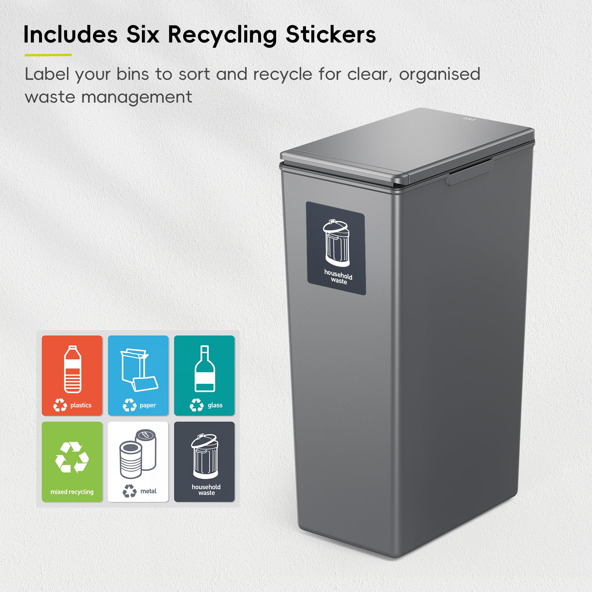 EKO Morandi 40L Kitchen Recycling Bin with Touch-Top Lid | Slim Plastic | Dark Grey 9
