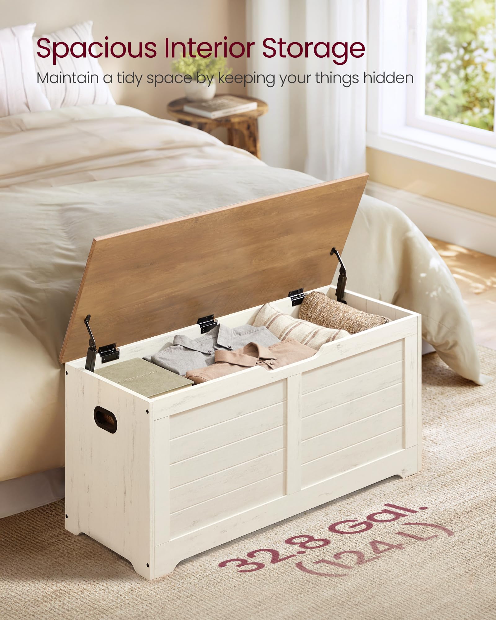 VASAGLE Storage Bench with Lid | Farmhouse Shoe Storage | 100W cm | Rustic White + Honey Brown 4