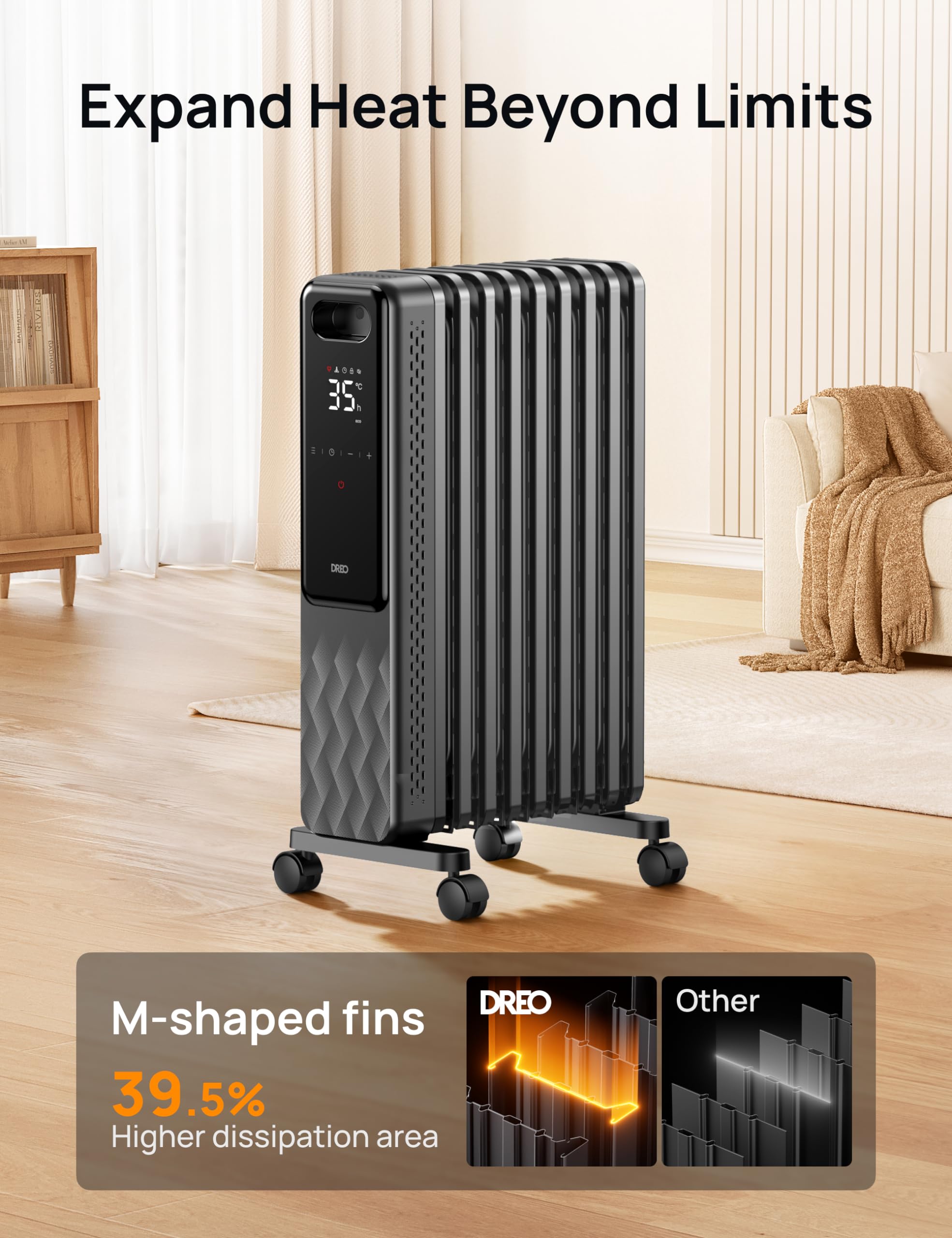 Dreo Smart 9 Fins Oil Filled Radiator Heater, 2000W Silent Electric Heater with WiFi Control | Grey 6