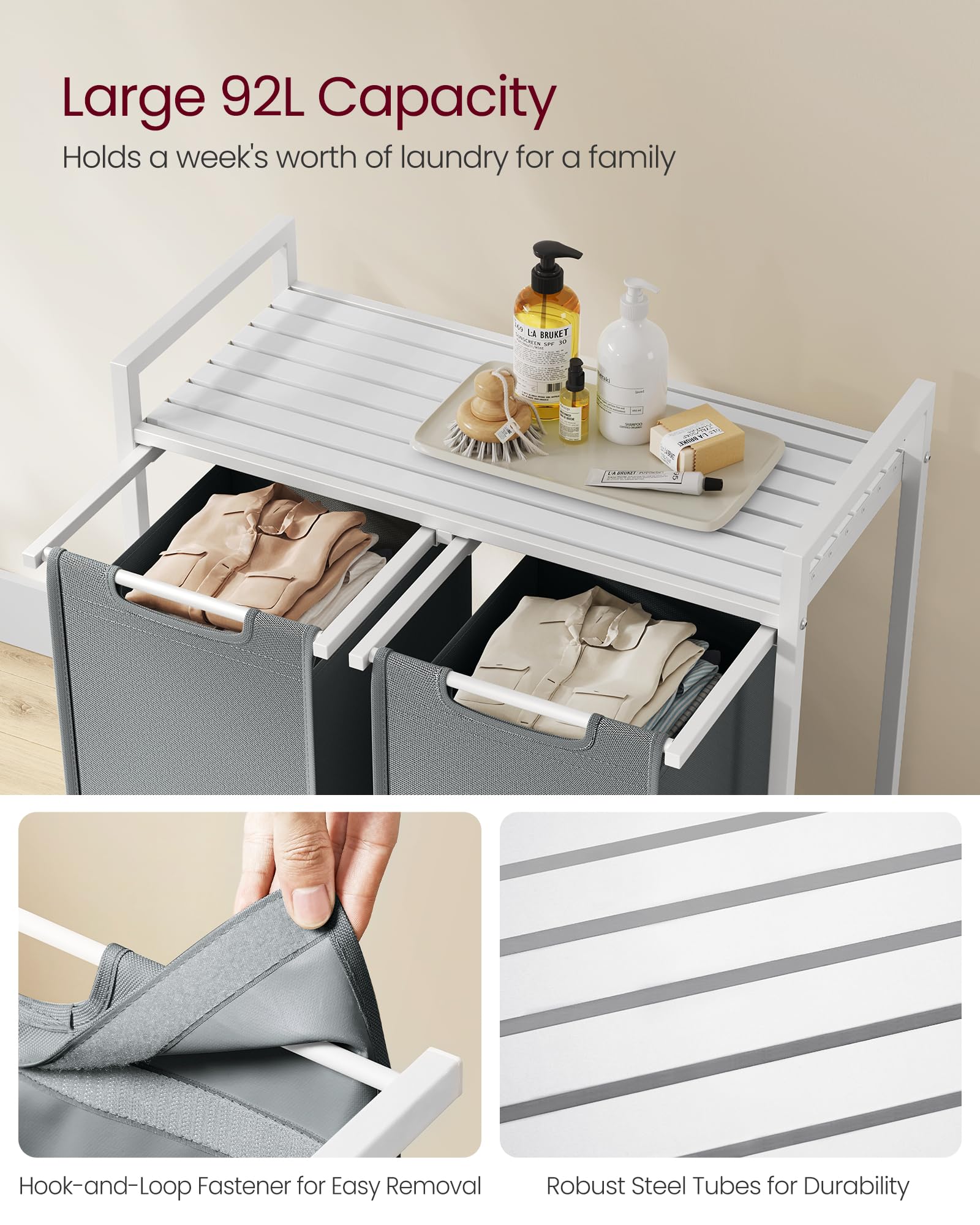 VASAGLE Laundry Basket - 2-Compartment Hamper with Shelf | 92 L Capacity | White & Light Grey 4