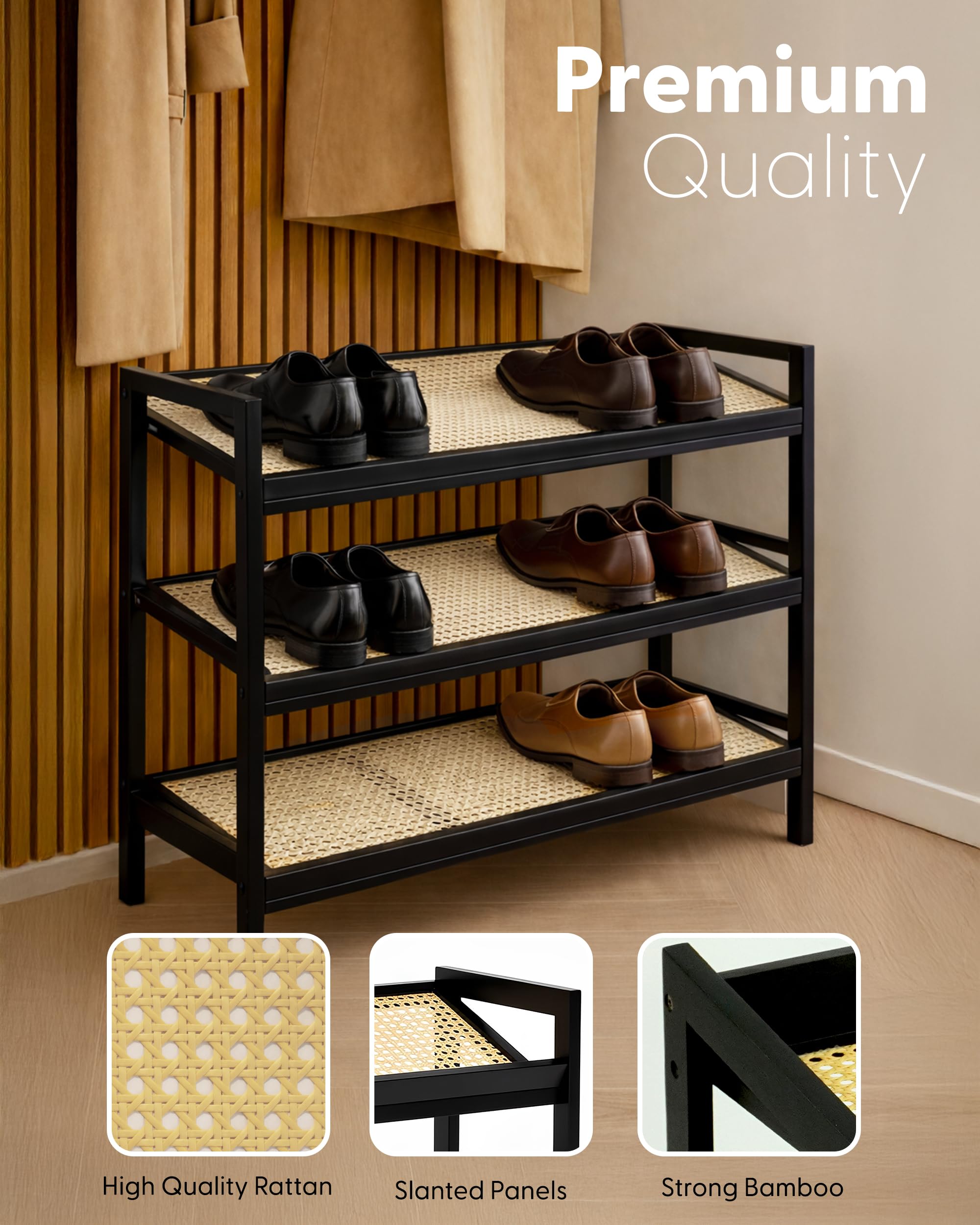 KEPLIN 3 Tier Shoe Rack - Bamboo & Rattan | Holds 9 Pairs | 70x29x54 cm | Natural/Black 4
