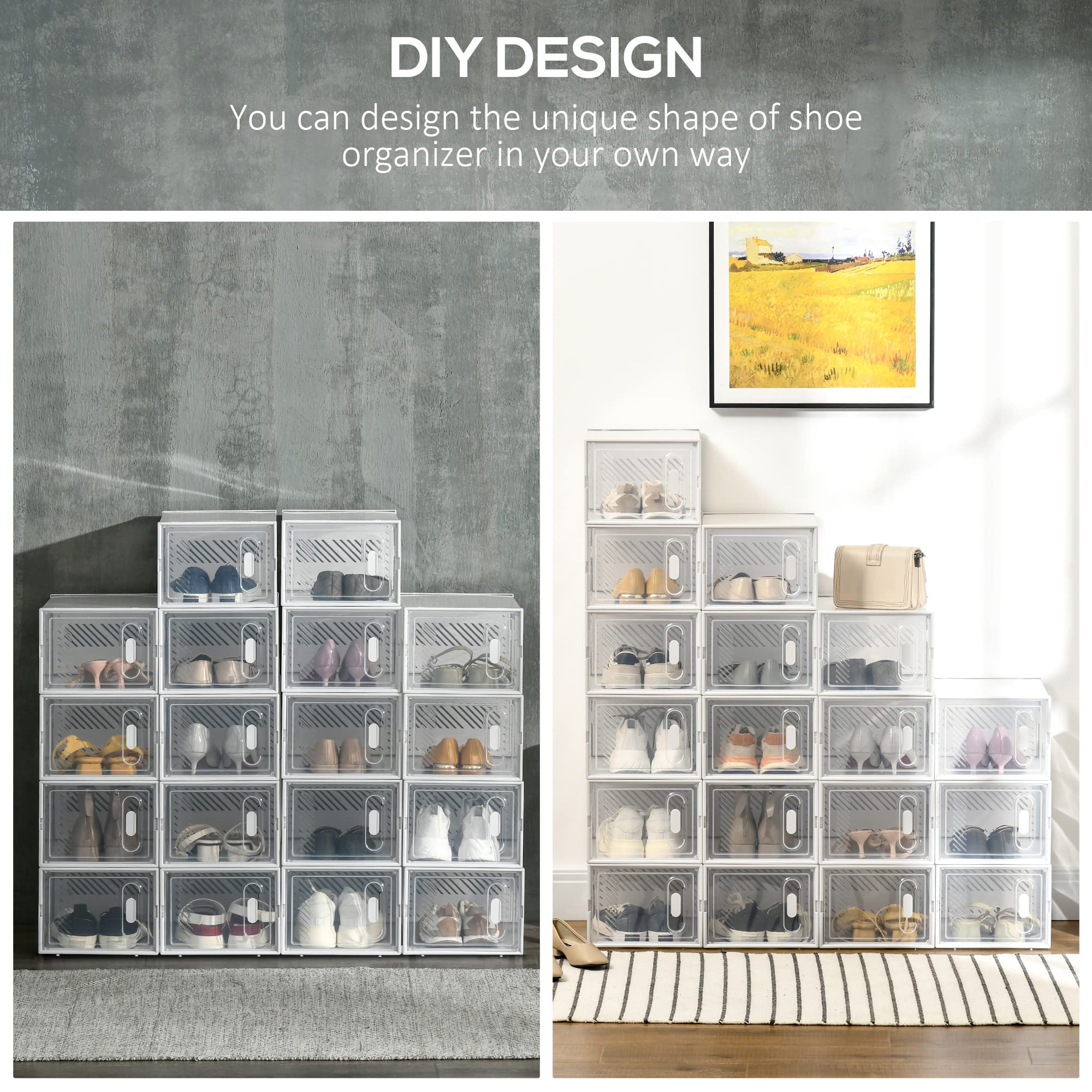 HOMCOM 18PCS Clear Stackable Shoe Storage Boxes | PP Material | Max Shoe Size UK 8.5/EU 43 5