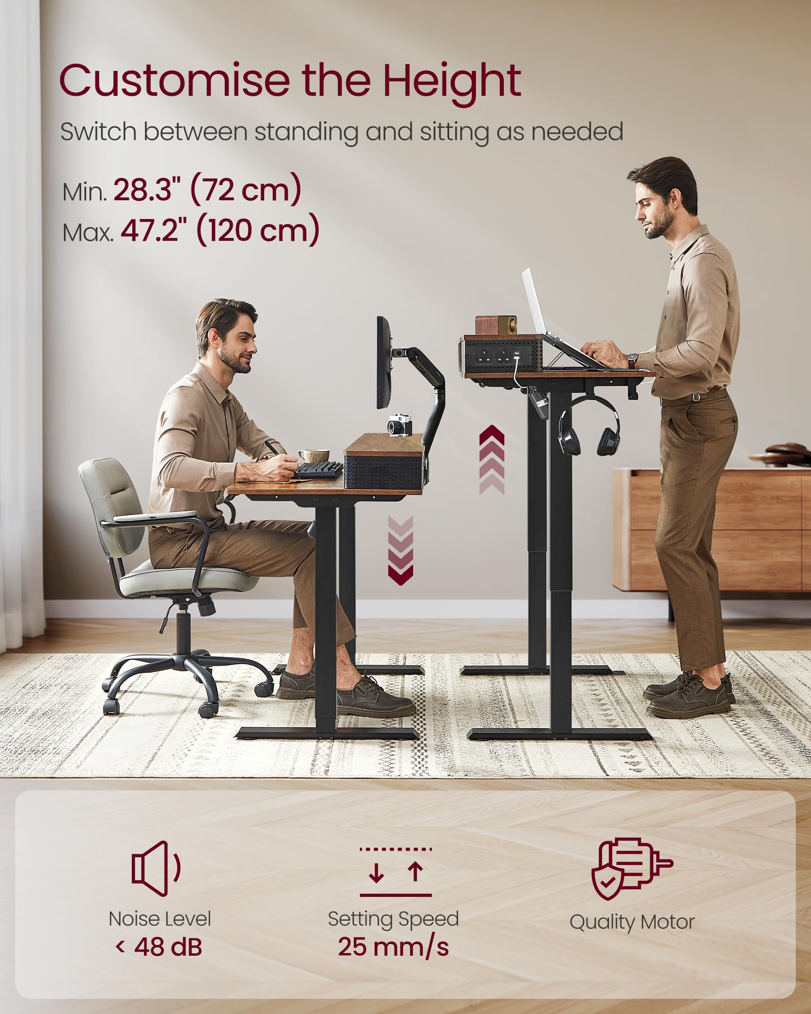 VASAGLE Electric Standing Desk - Adjustable Height 72-120 cm | Built-In Power Strip | Rustic Brown 5