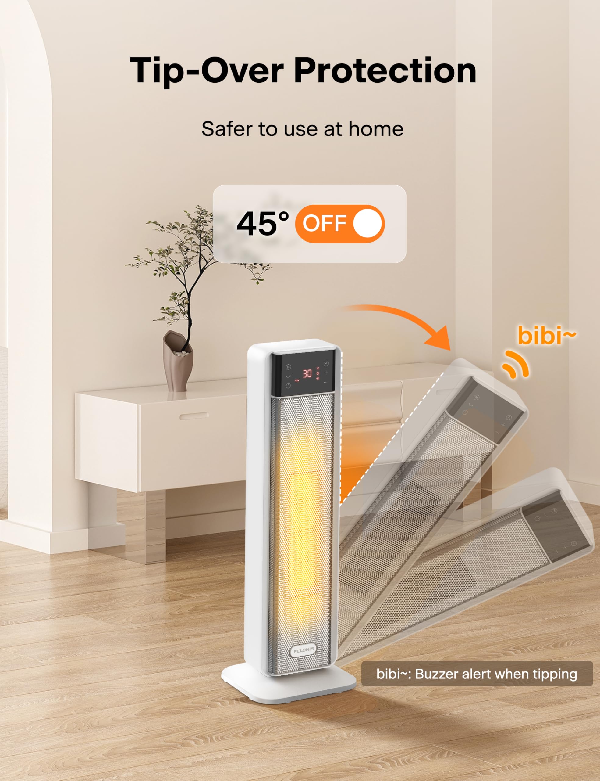 Pelonis Electric Heater - 2000W Silent Portable Ceramic Room Heater with 75° Oscillation, 24H Timer, Thermostat | White 9