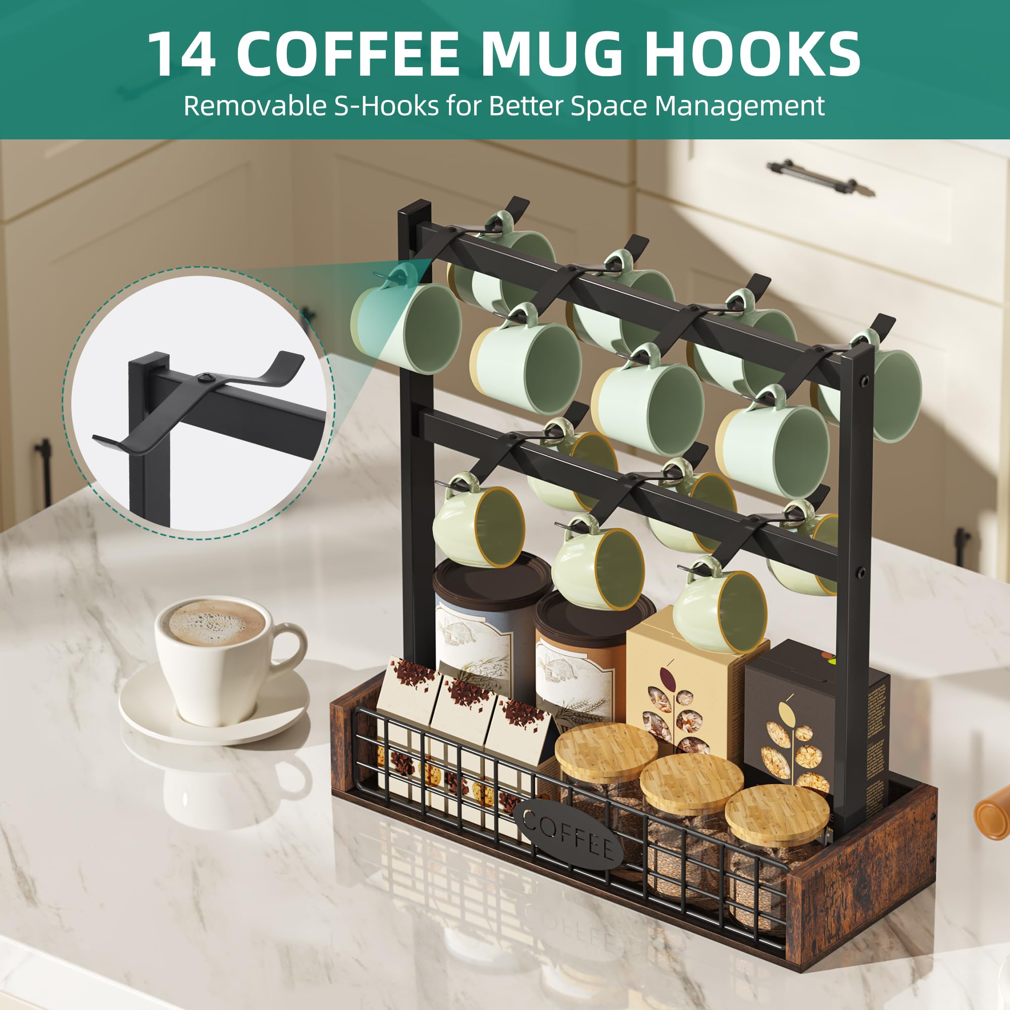 YITAHOME Countertop Mug Holder - 7 Hooks & Storage Base | Metal Frame | Black 6