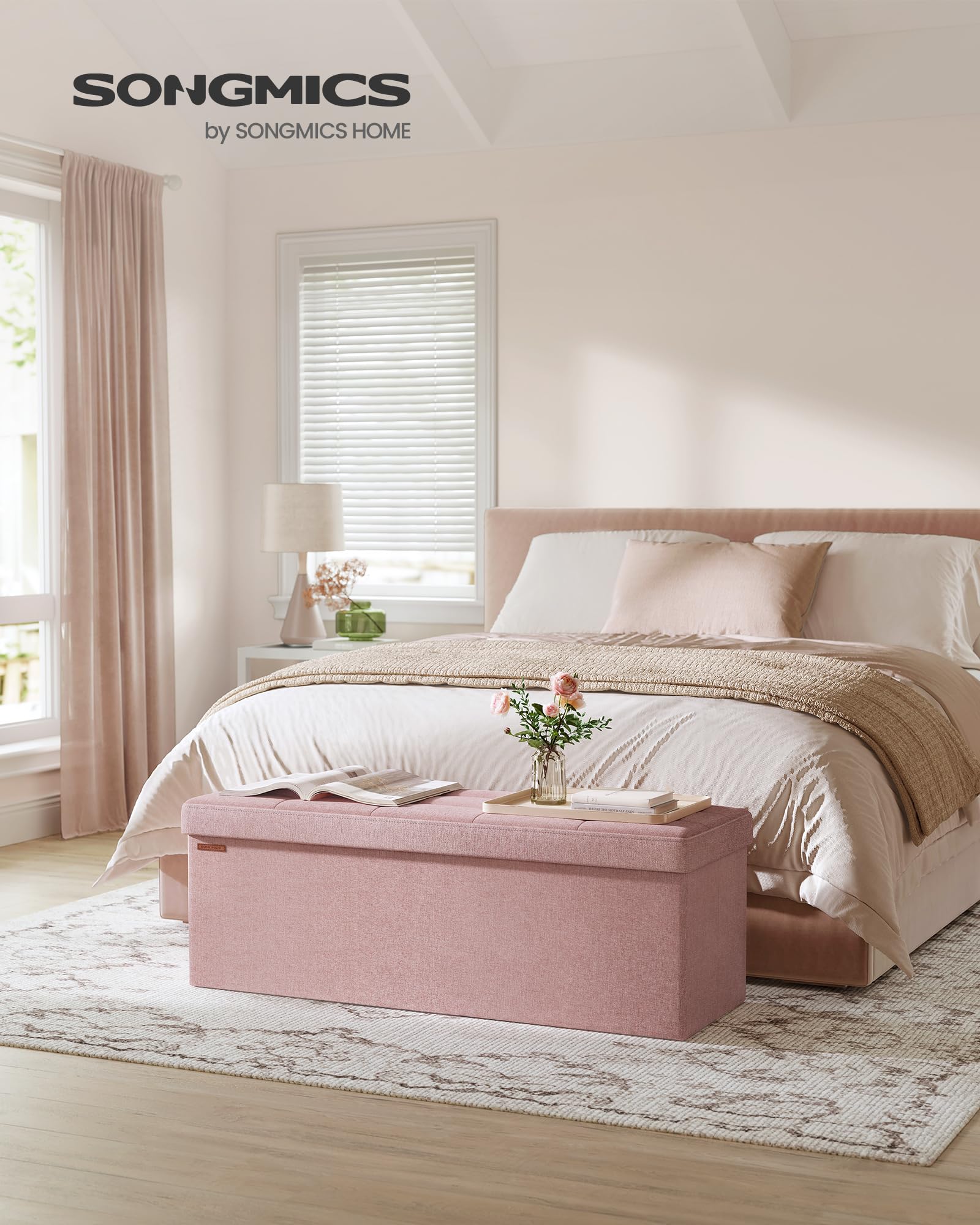 SONGMICS MAZIE Storage Ottoman Bench - 110 cm Folding Foot Rest | 131L Capacity | Jelly Pink 2