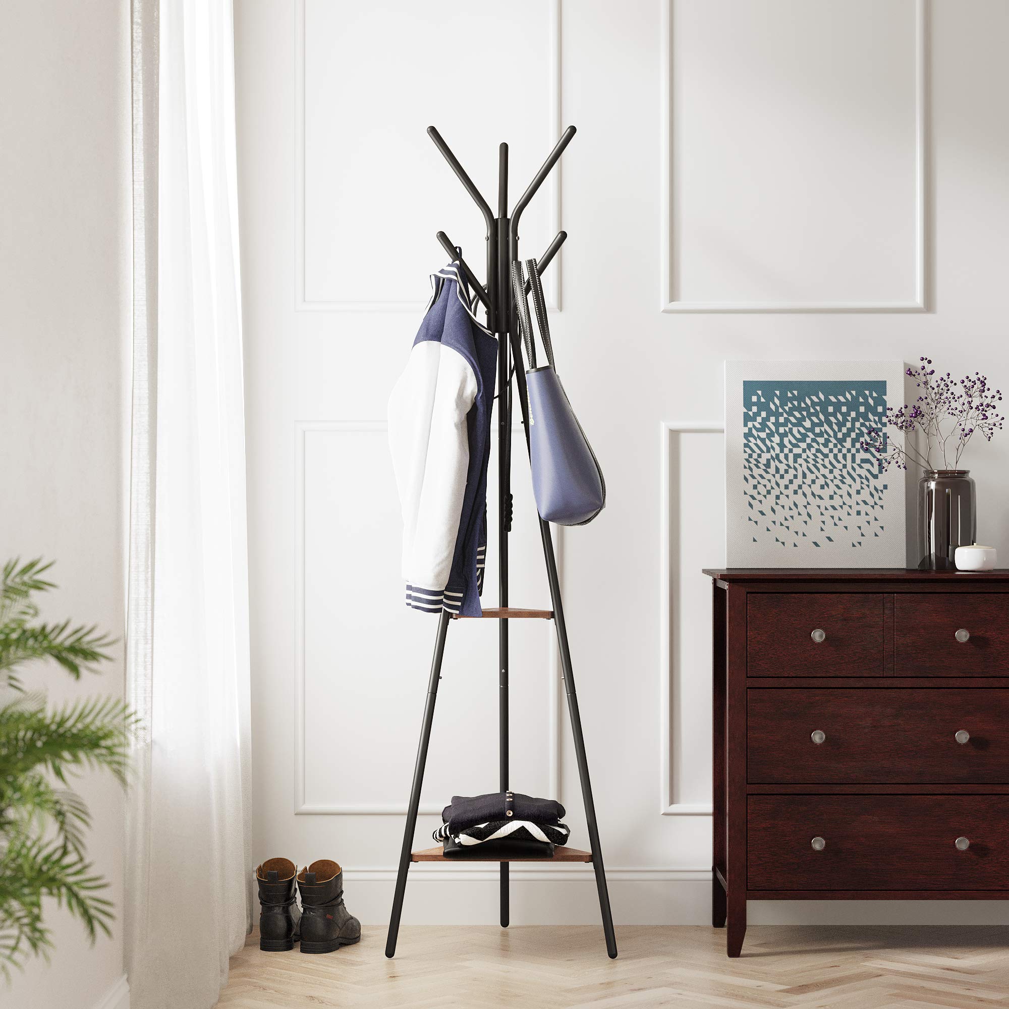 VASAGLE Industrial Style Coat Rack Stand with 6 Hooks and 2 Triangular Shelves | Steel & Fiberboard | 49.5x49.5x179 cm 3