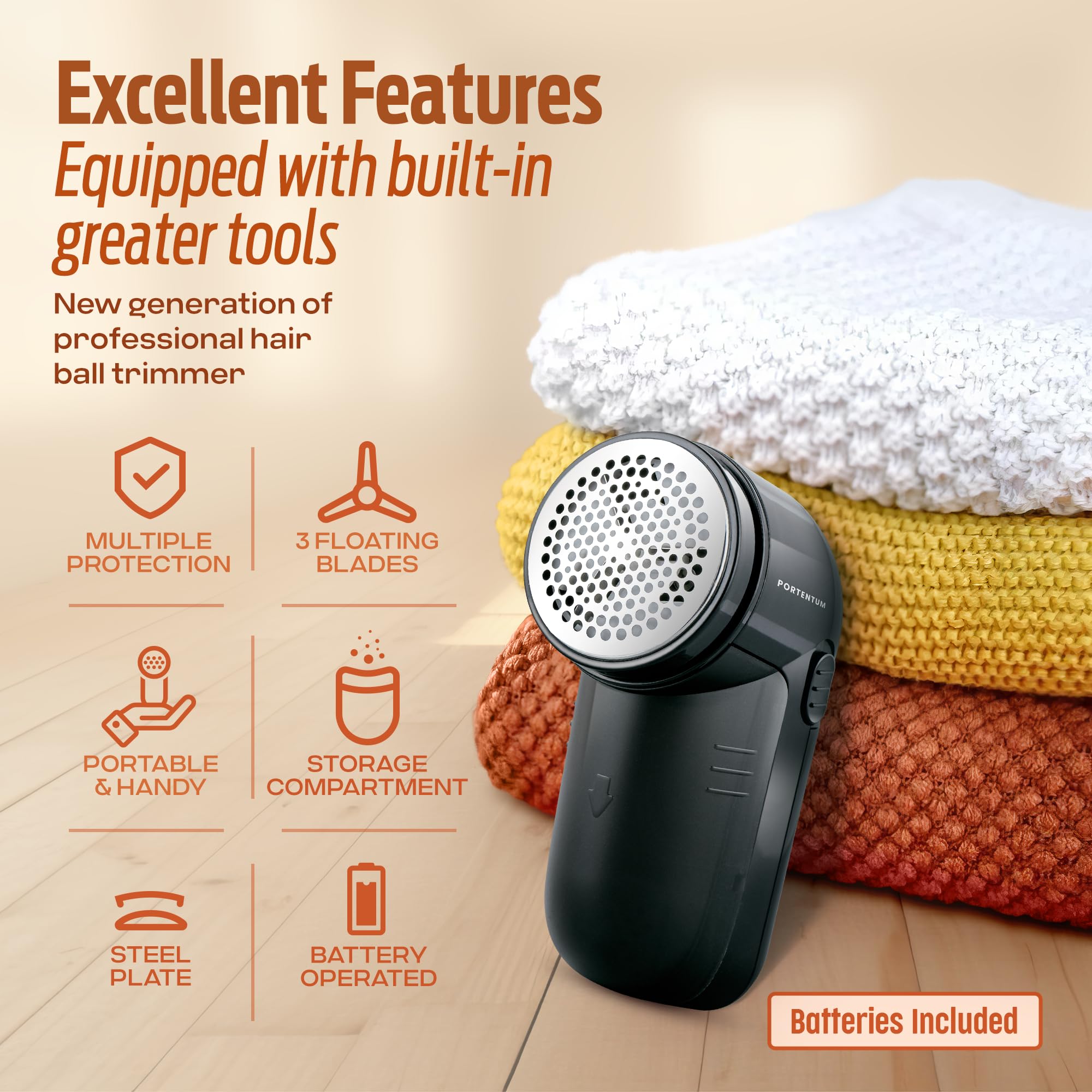 PORTENTUM Electric Lint Remover - Stainless Steel Blades for Clothing Pilling | Includes Batteries & Brush 7