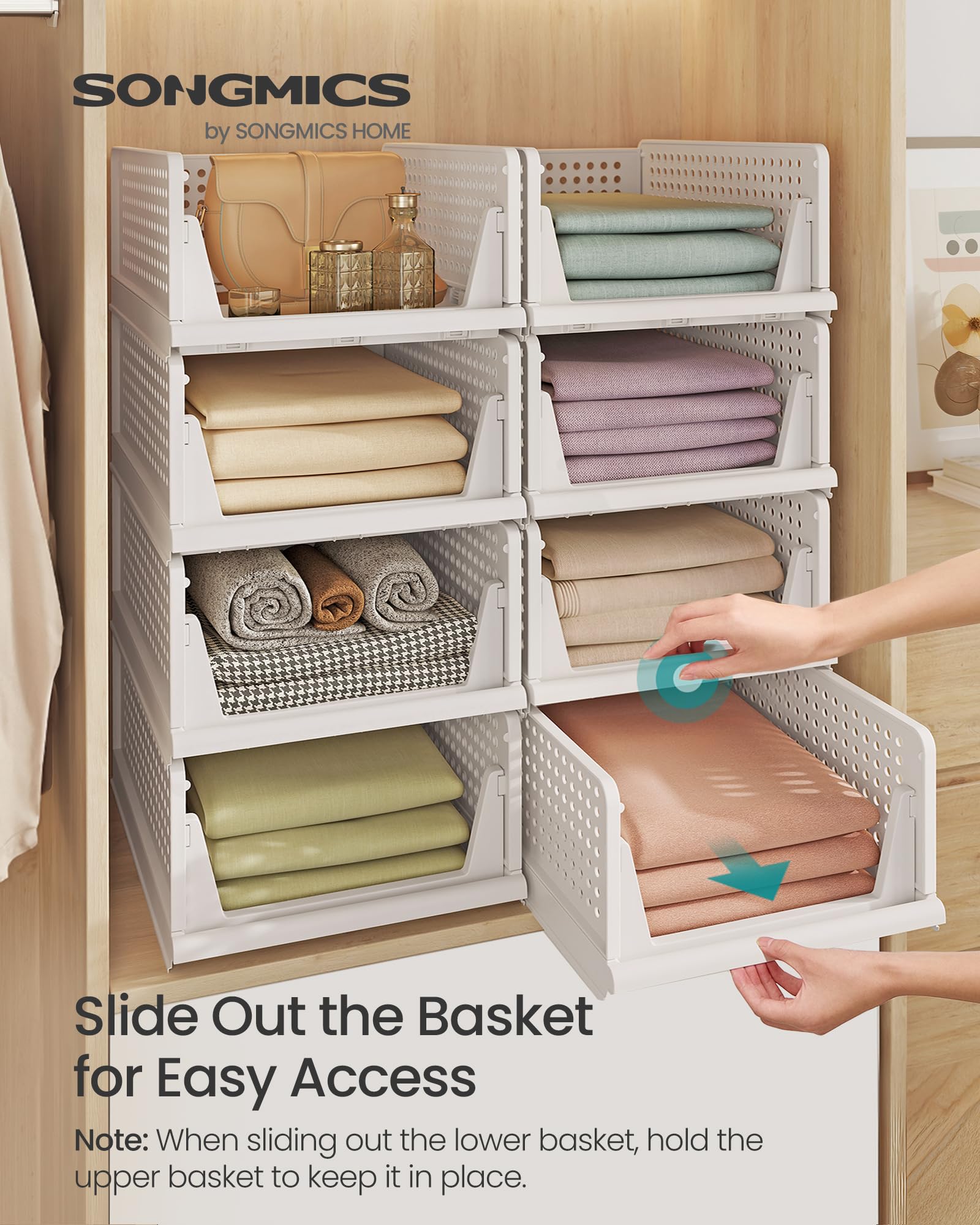 SONGMICS Stackable Wardrobe Storage - Set of 8 Foldable Closet Organisers | PP Plastic | White 3