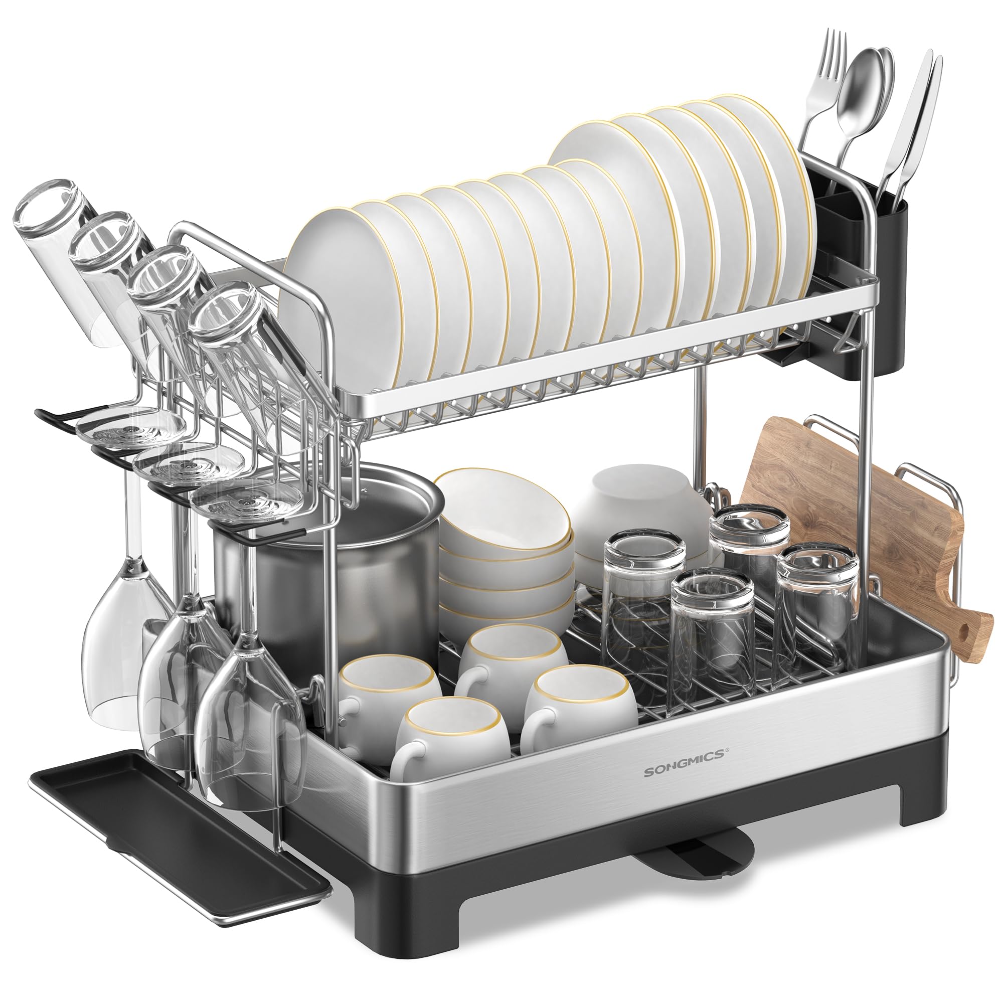 SONGMICS 2-Tier Stainless Steel Dish Drying Rack with Extendable Spout | Rustproof | 32.5 x 58 x 39.6 cm