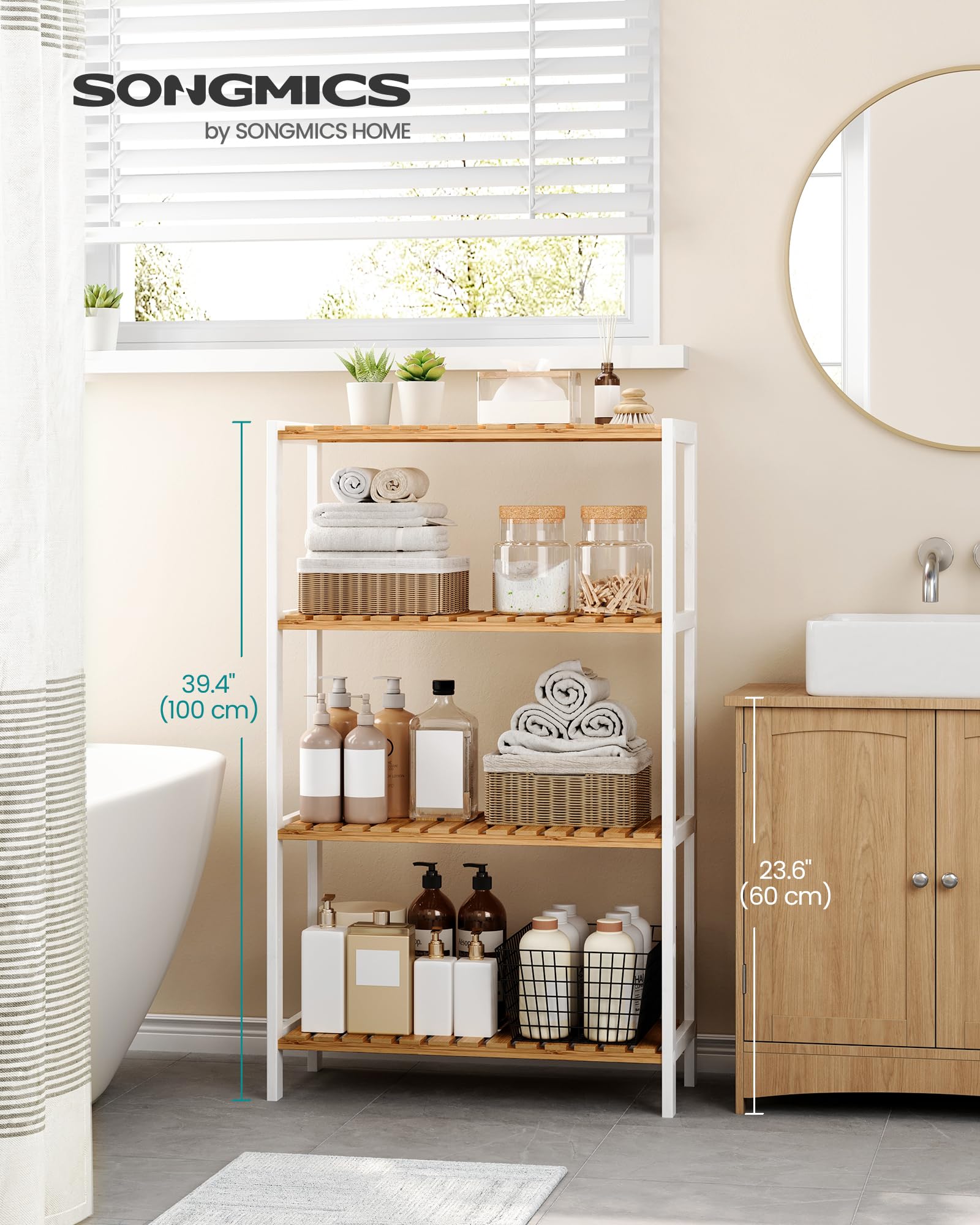 SONGMICS Bamboo Storage Shelf - 4-Tier Freestanding Unit | Natural + White | 60x26x100 cm 3