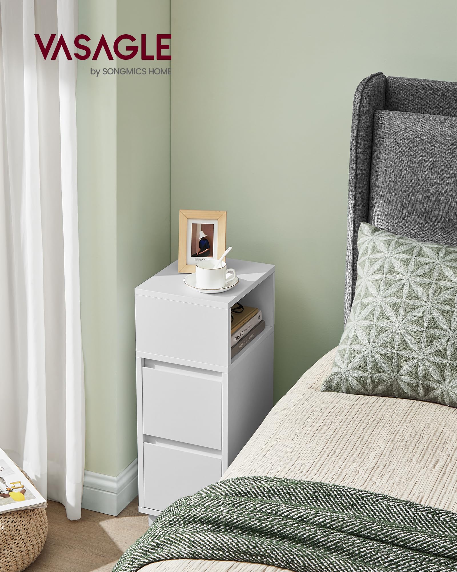 VASAGLE Slim Bedside Table - Cloud White | 2 Drawers | Storage | 65 cm Height 2