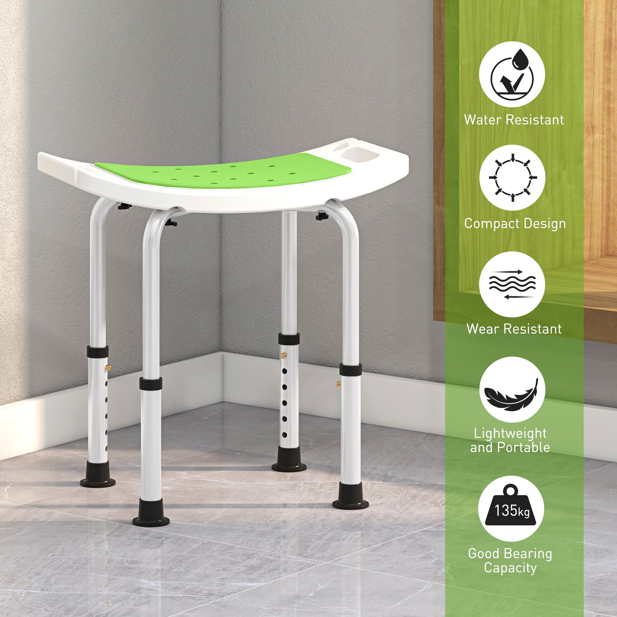 HOMCOM Shower Chair - Adjustable Height (39-52cm) | Aluminium Frame | Max Load 135kg | Green 4