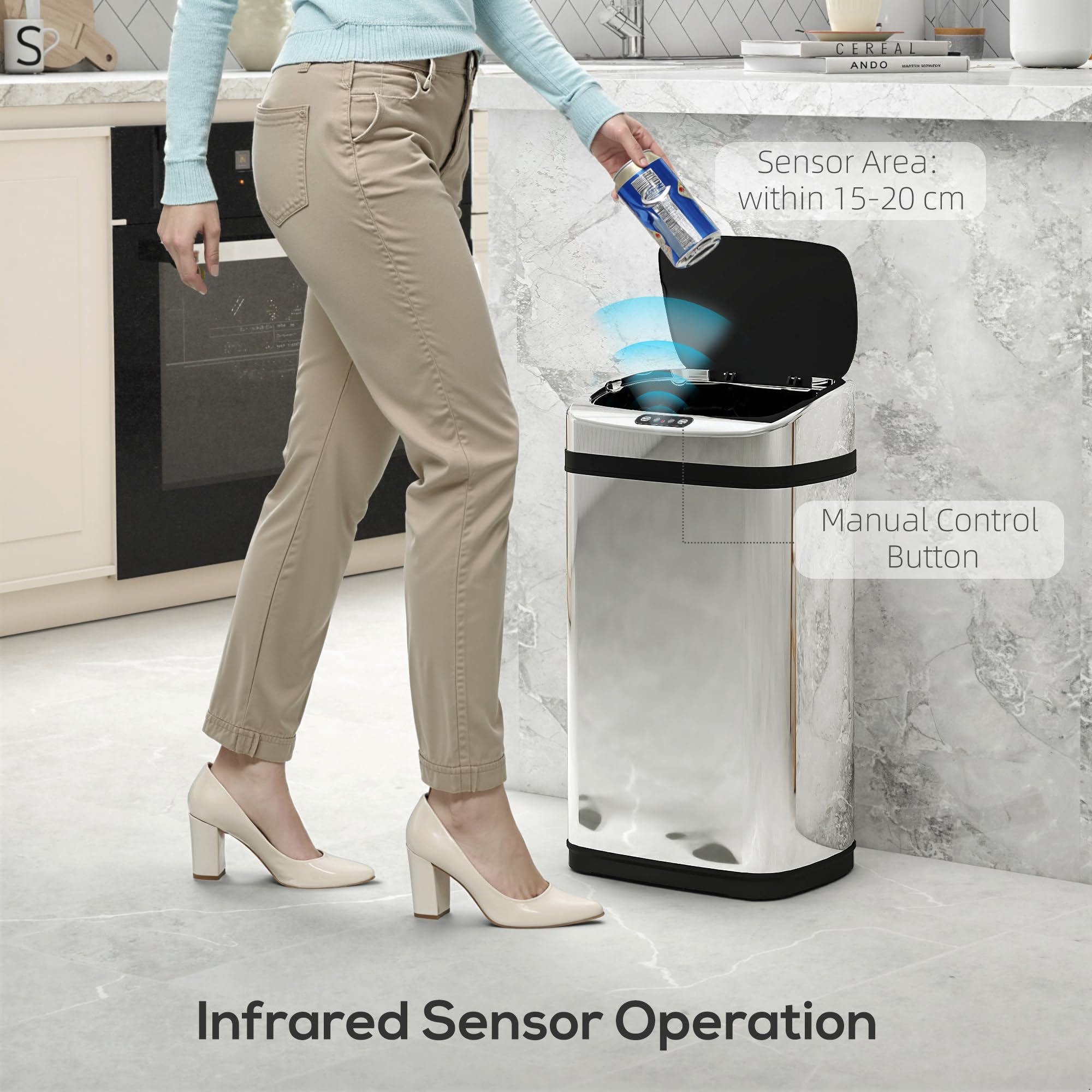 HOMCOM 30L Automatic Sensor Bathroom Bin - Stainless Steel | Motion Activated | Medium Size 4