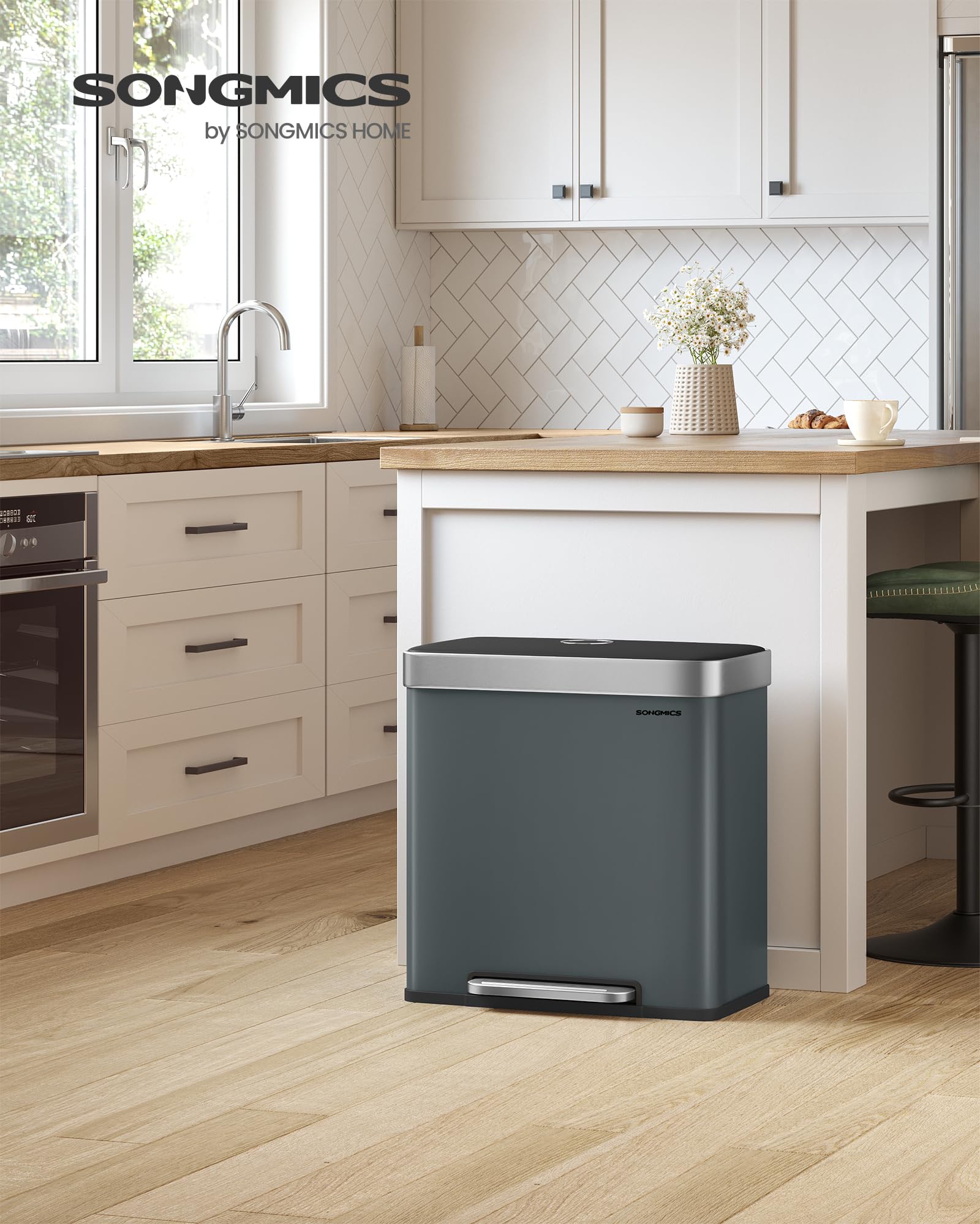 SONGMICS Kitchen Pedal Bin - 2 x 30L Dual Compartment Waste Separation System | Stainless Steel | Greenish Grey 2