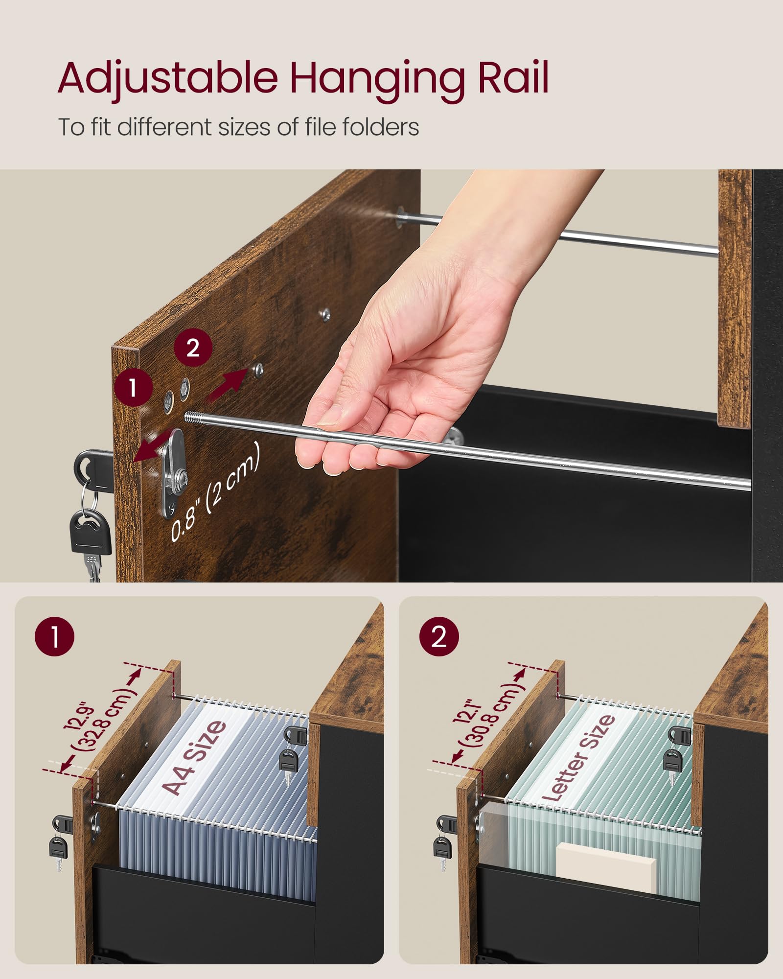 VASAGLE Rolling File Cabinet - 2 Lockable Drawers | Rustic Brown & Black | 43.8x40x54.5 cm 5