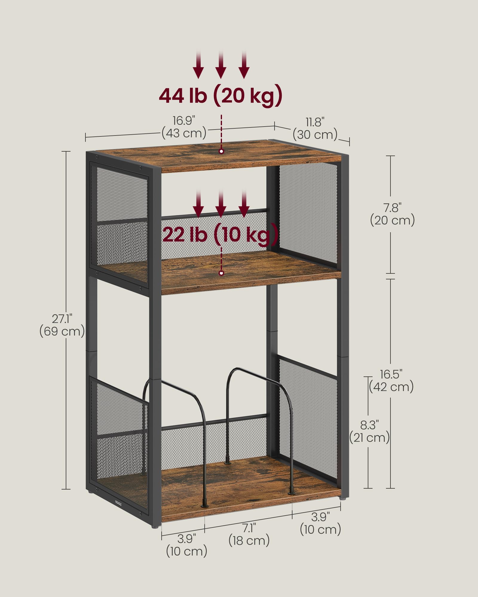 VASAGLE Record Player Stand - 3-Tier Side Table for Vinyl Storage | Rustic Brown | 30x43x69 cm 4