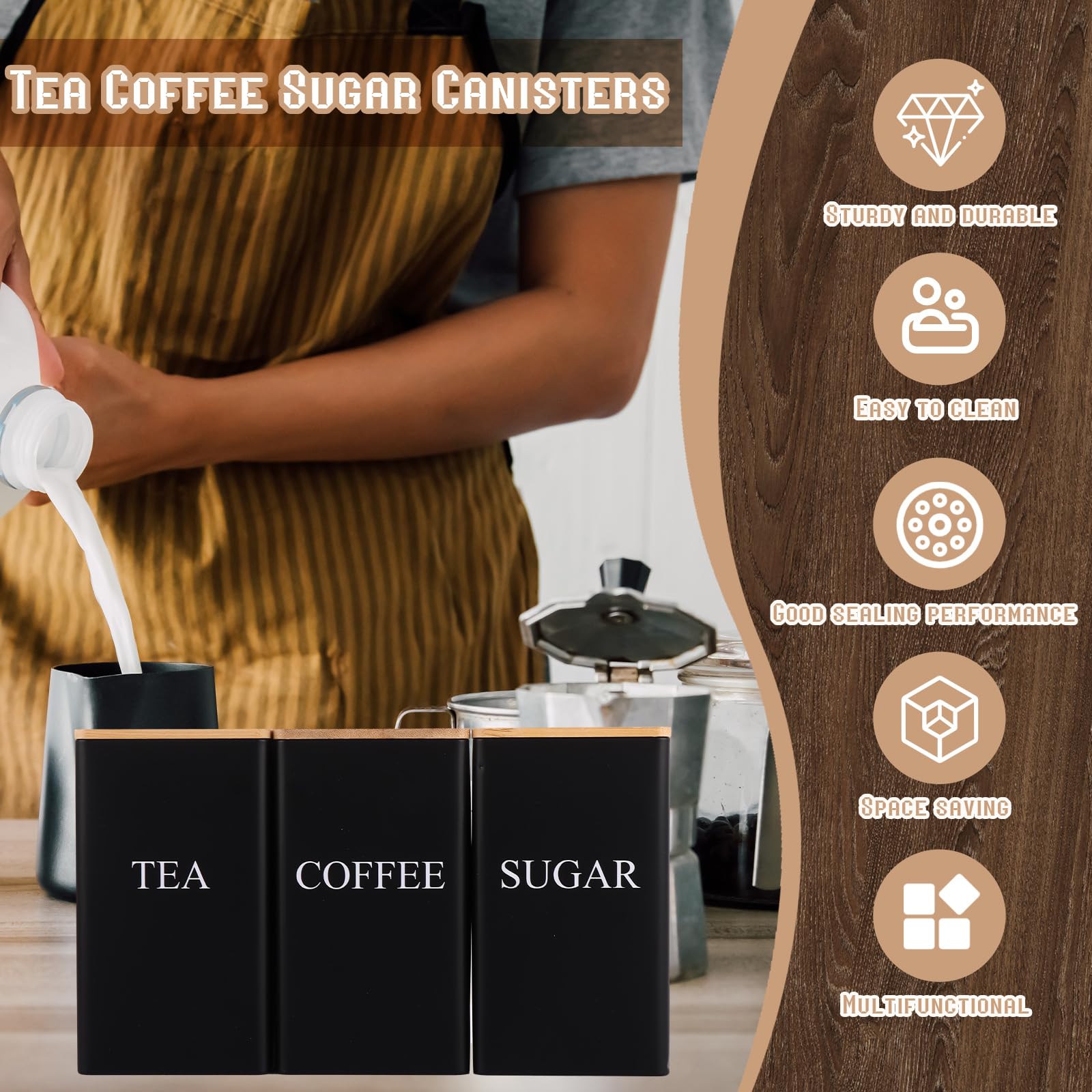 ASelected 3-Piece Metal Canister Set - 1L Airtight Storage for Coffee, Tea, Sugar | Square Black 3