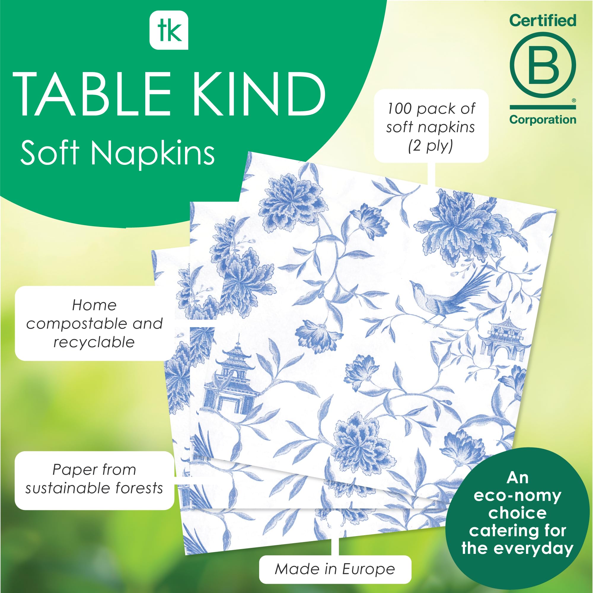 Talking Tables Table Kind 100 x Soft Blue Paper Napkins | 2ply 33cm | Chinoiserie Floral Serviettes 4