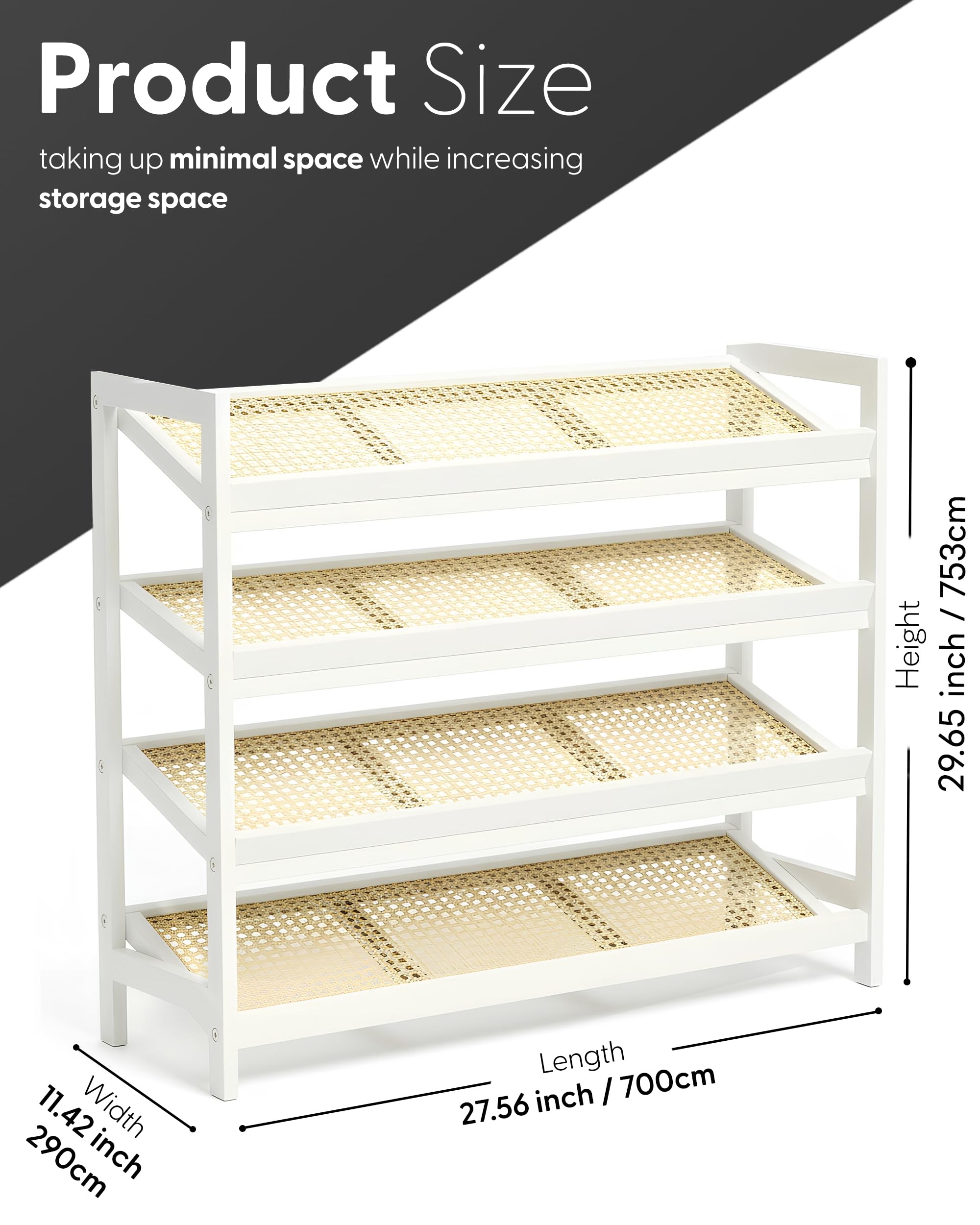 KEPLIN 4 Tier Bamboo and Rattan Shoe Rack | Compact Design | Holds 12 Pairs | Natural/White 3