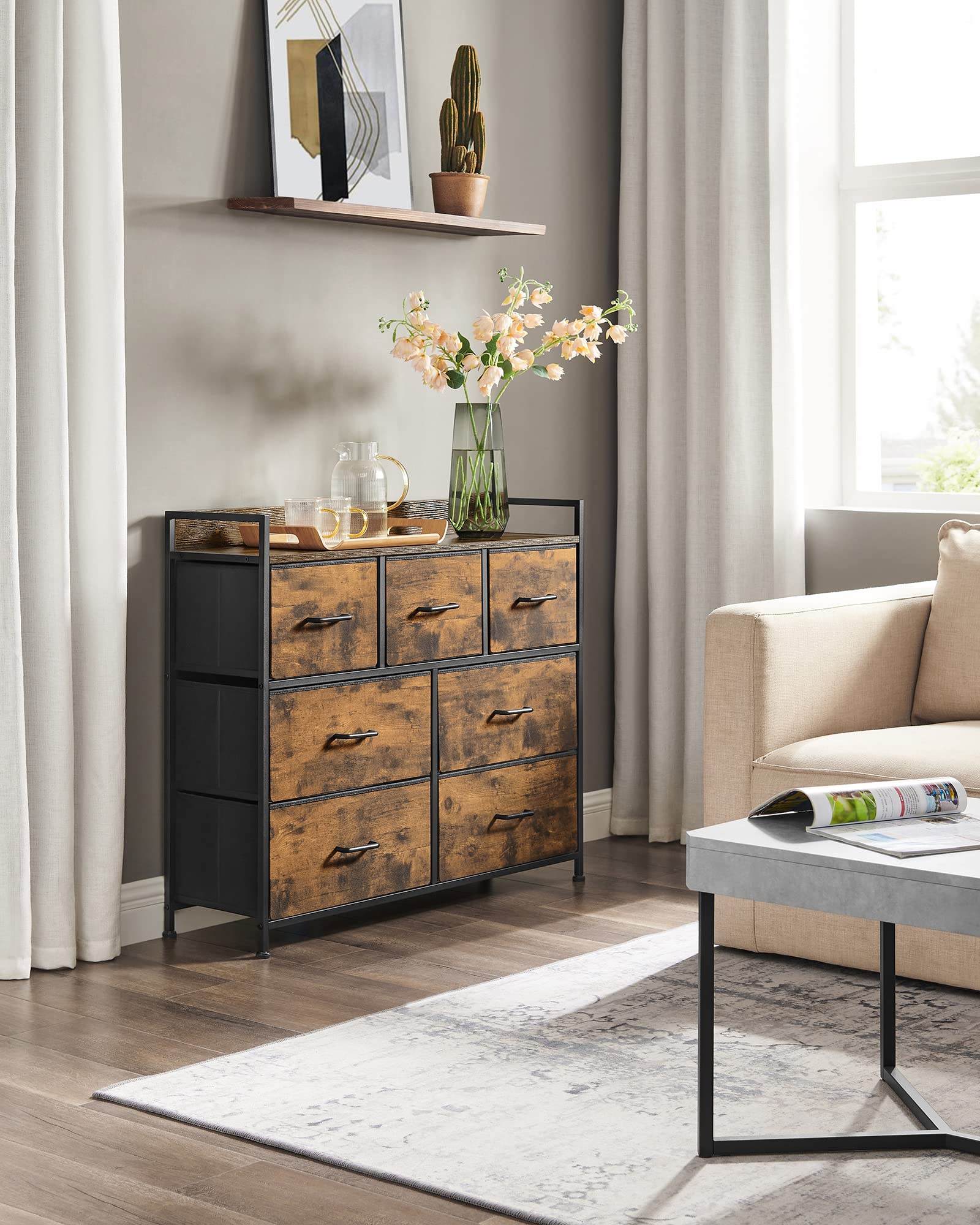 SONGMICS Chest of Drawers - 7 Fabric Drawers | Metal Frame | Rustic Brown & Ink Black | LTS137B01 8