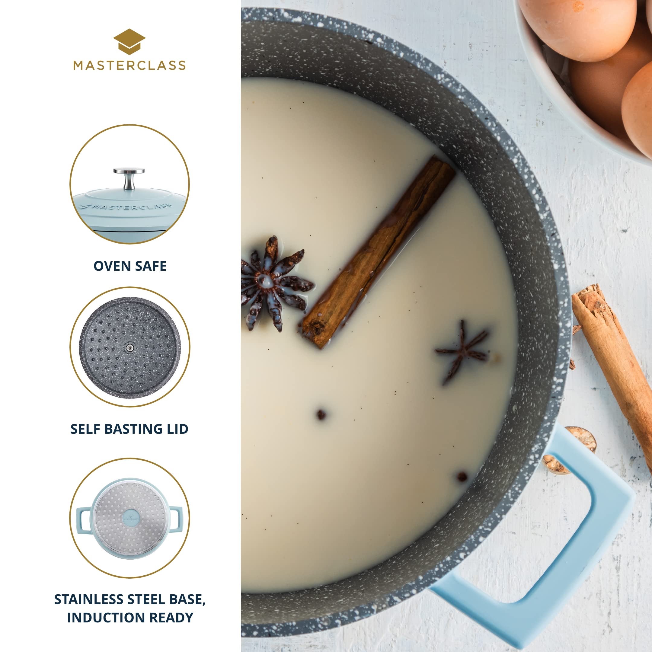 MasterClass 2.5L Cast Aluminium Casserole Dish with Lid | 20 cm Diameter | Sky Blue 5
