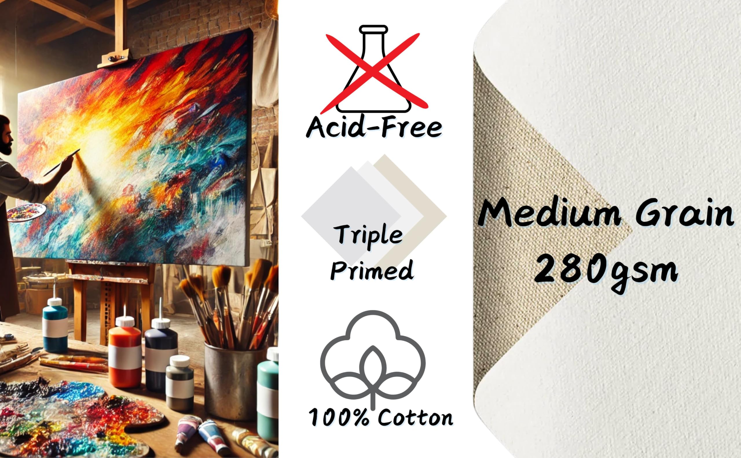 EXERZ Canvas Panels - 12 Pack, 20x20cm Square, 100% Cotton, Triple Primed Gesso 3