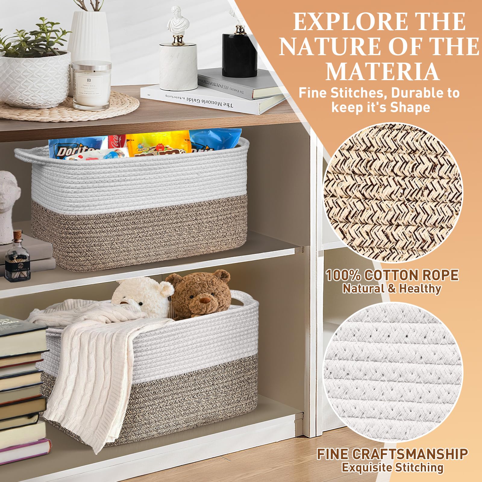 Lychico Cotton Rope Woven Shelf Basket with Handles | 33x25x22.5 cm | White & Brown 4
