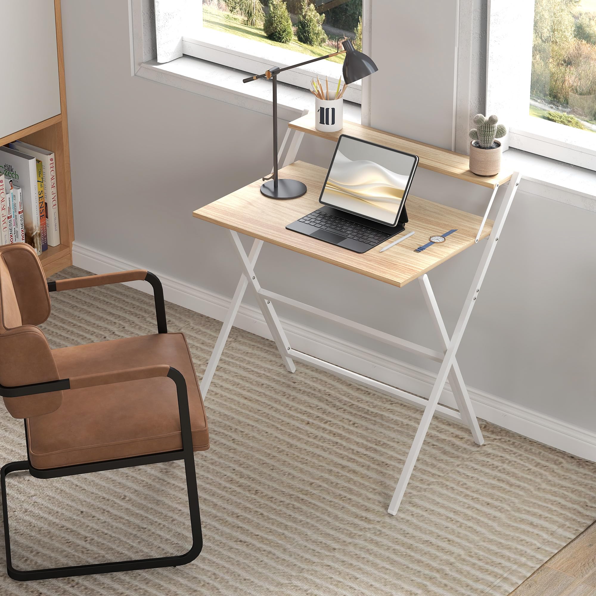 HOMCOM Folding Desk with Monitor Shelf - 81.5 cm Wide, Compact, Foldable | Natural Wood Finish 7