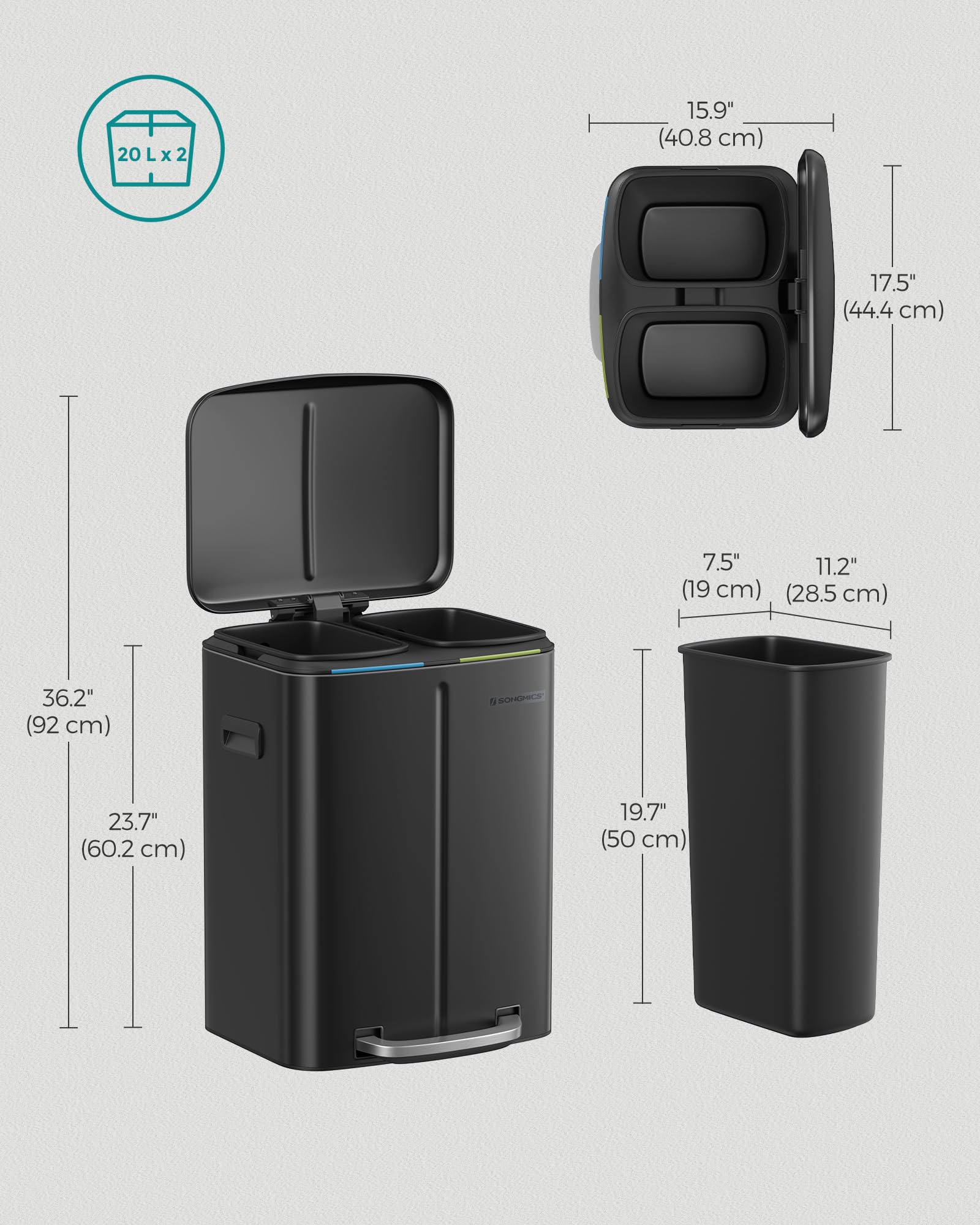 SONGMICS Kitchen Bin with Two 20L Inner Buckets | Rust-Resistant Steel | Soft-Close Lid 7