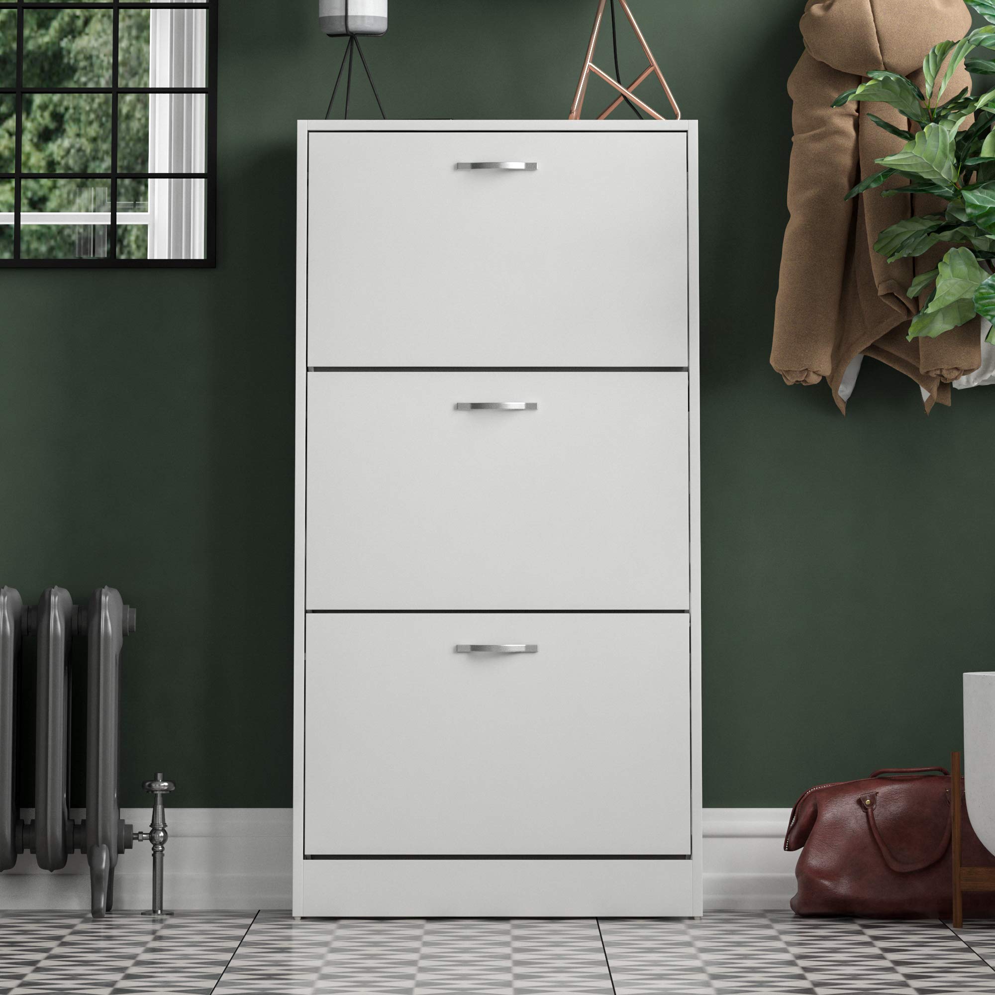 Vida Designs Wooden Shoe Cabinet - 3 Pull-Down Drawers | Slim Entryway Storage | White 9