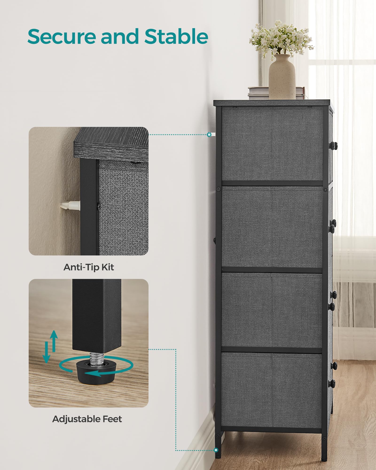 SONGMICS 5-Drawer Fabric Storage Organiser Unit - Grey/Black Wood Grain | 30x56x93 cm 9