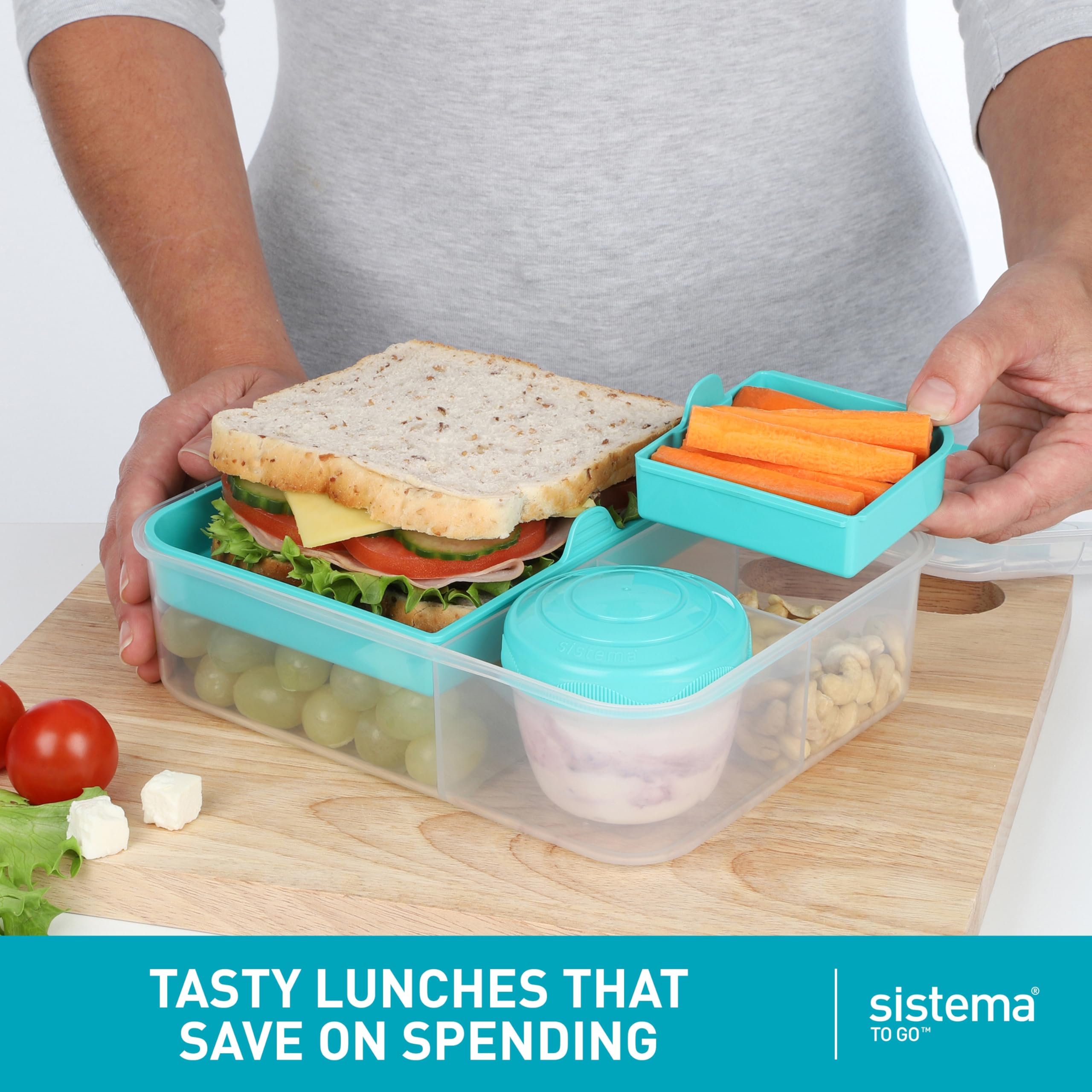 Sistema Bento Box Lunch Container - 1.65L Compartments, Hinged Lid | 2 Count Minty Teal & Ocean Blue 4