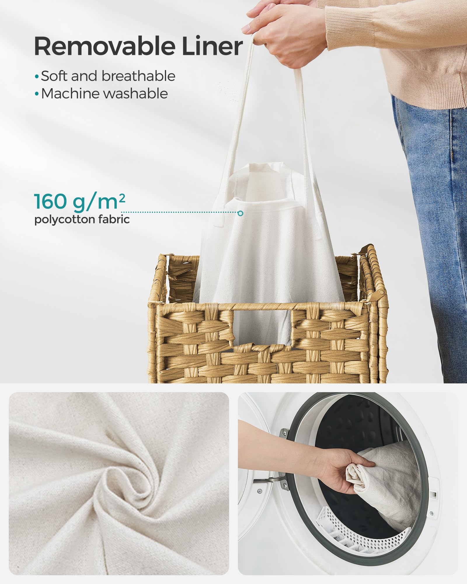 SONGMICS 90L Synthetic Rattan Laundry Basket with Lid and Handles | Foldable | Natural Colour 6