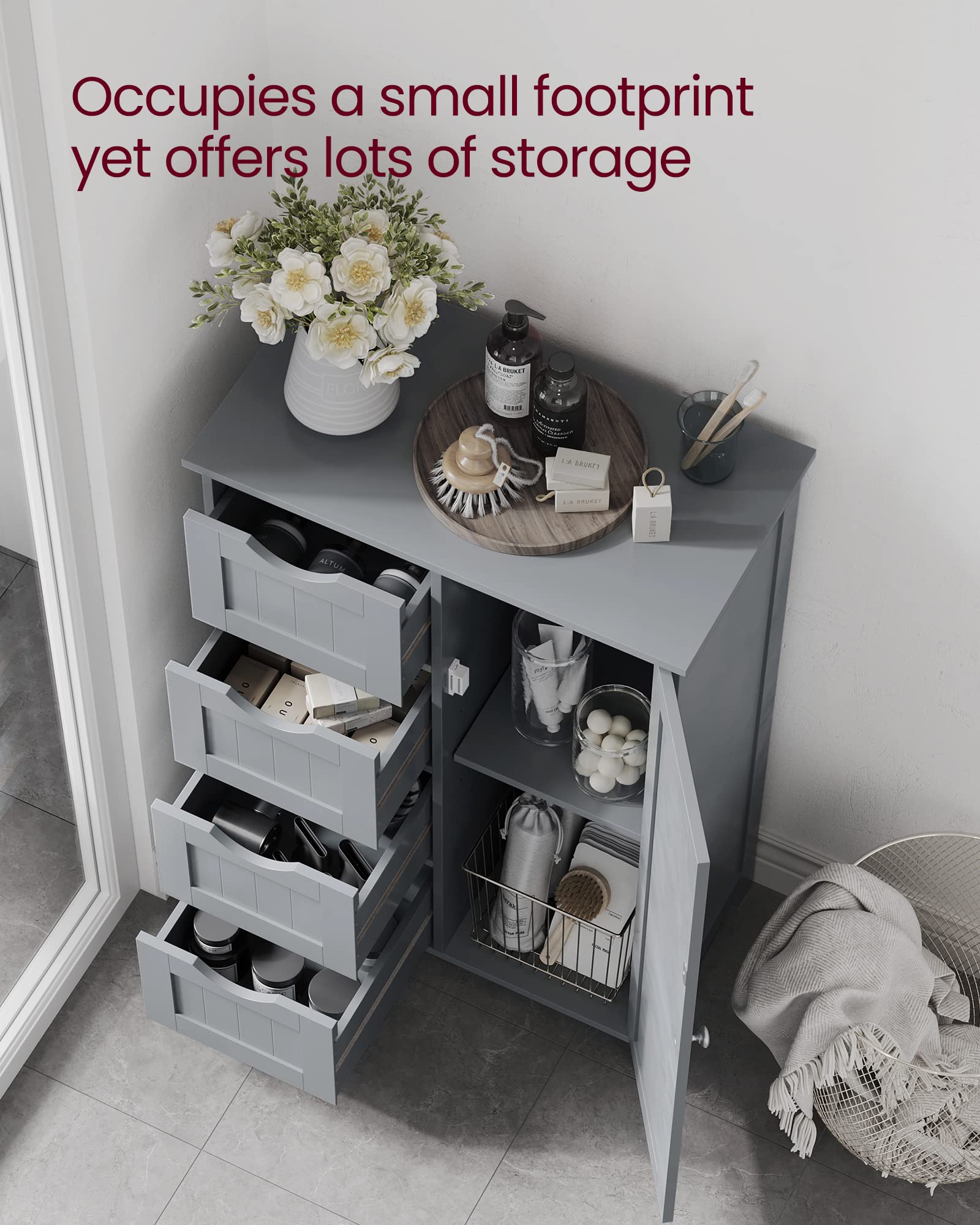 VASAGLE Bathroom Floor Storage Cabinet with 4 Drawers | Dove Grey | 30 x 55 x 82 cm 4