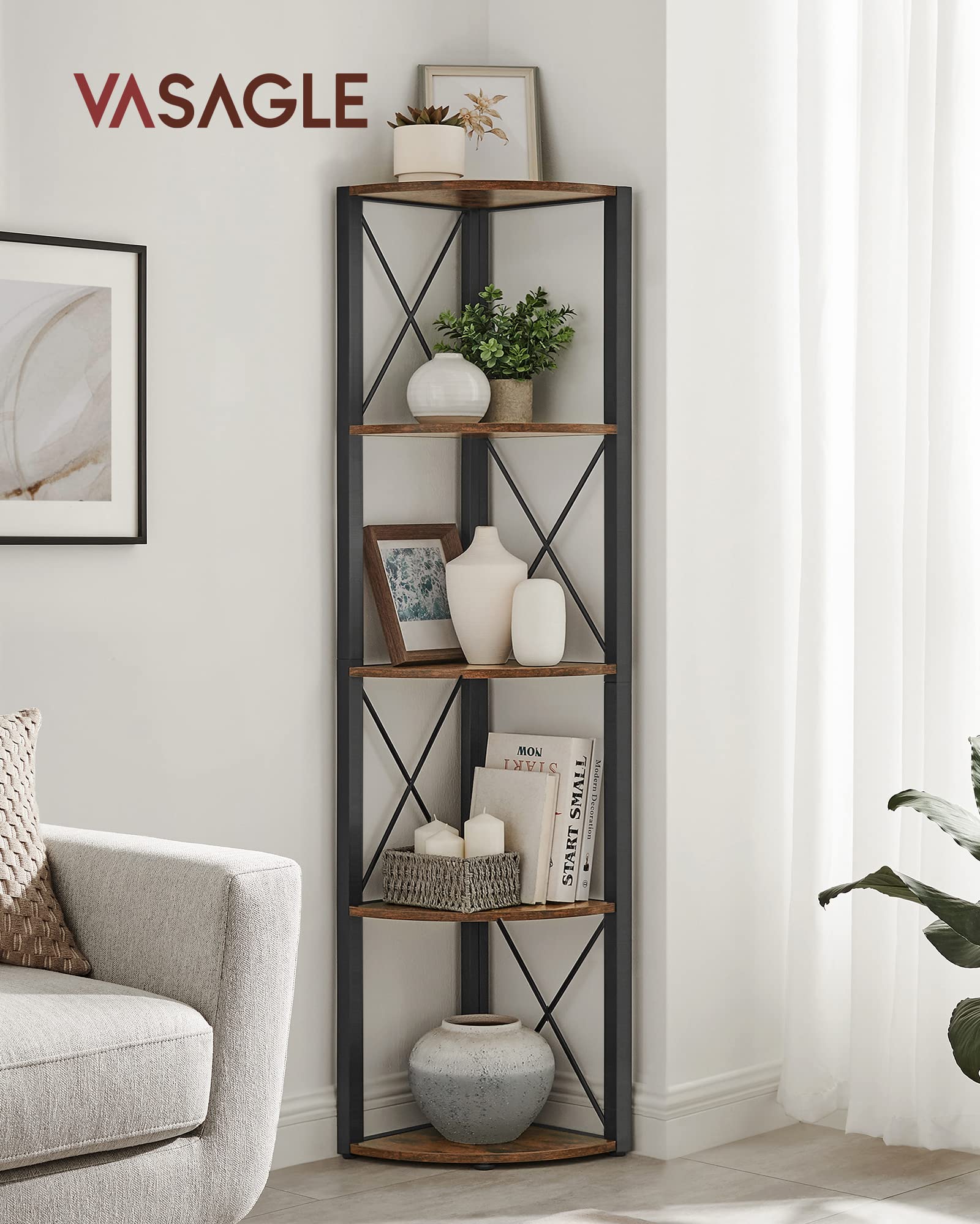VASAGLE 5-Tier Corner Shelf - Space Saving Storage | Rustic Brown & Black | 11.3kg Load Capacity 2