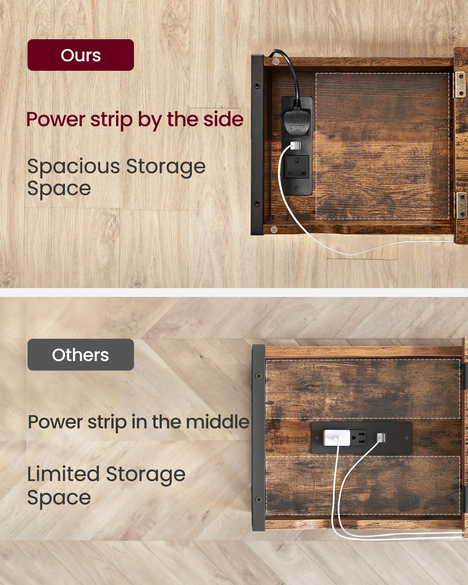 VASAGLE Slim Side Table with Charging Station | Rustic Brown & Black | 60 x 31.5 x 60 cm 6