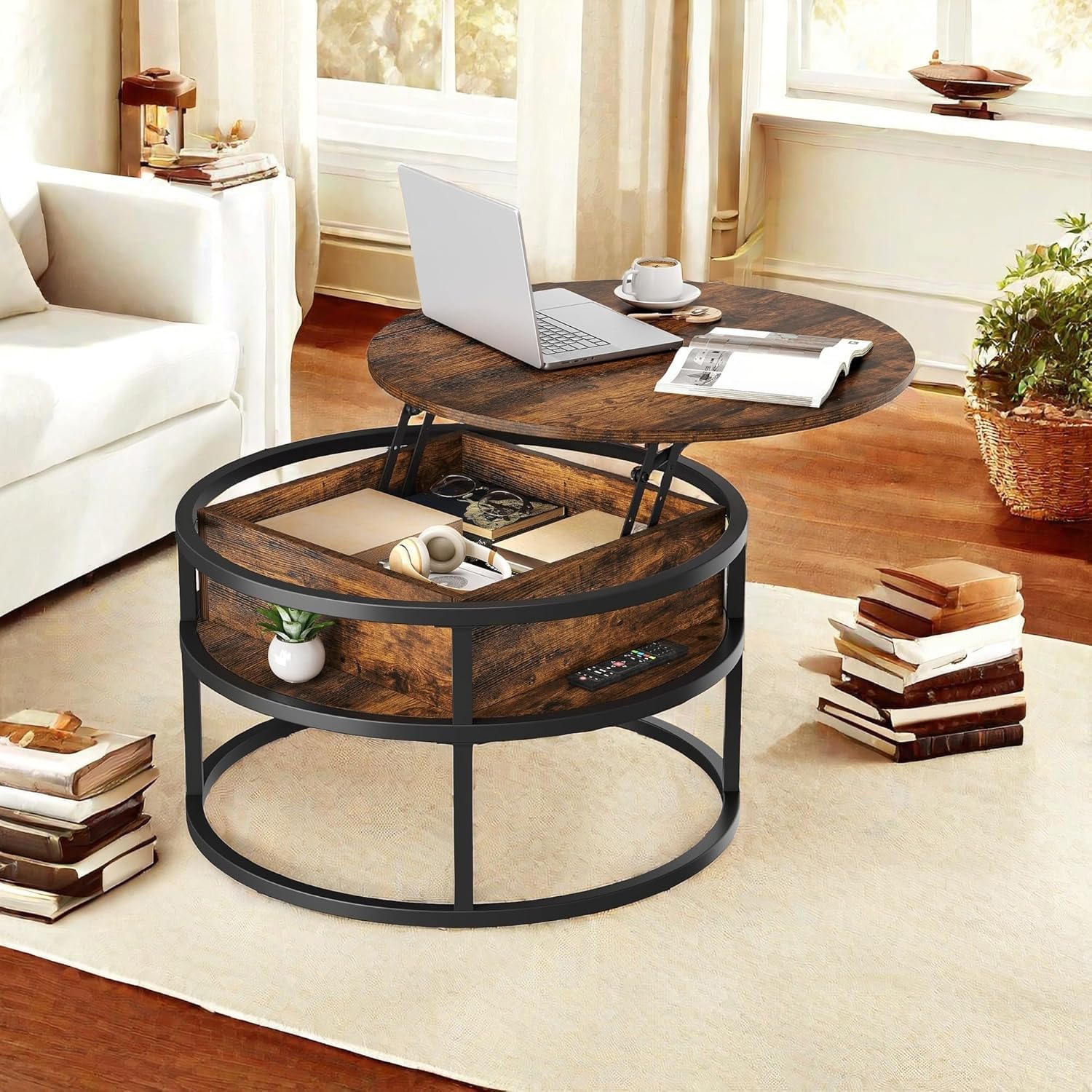 YITAHOME Round Lift Top Coffee Table - Storage, Modern Style, Brown | 80x80x47cm 8