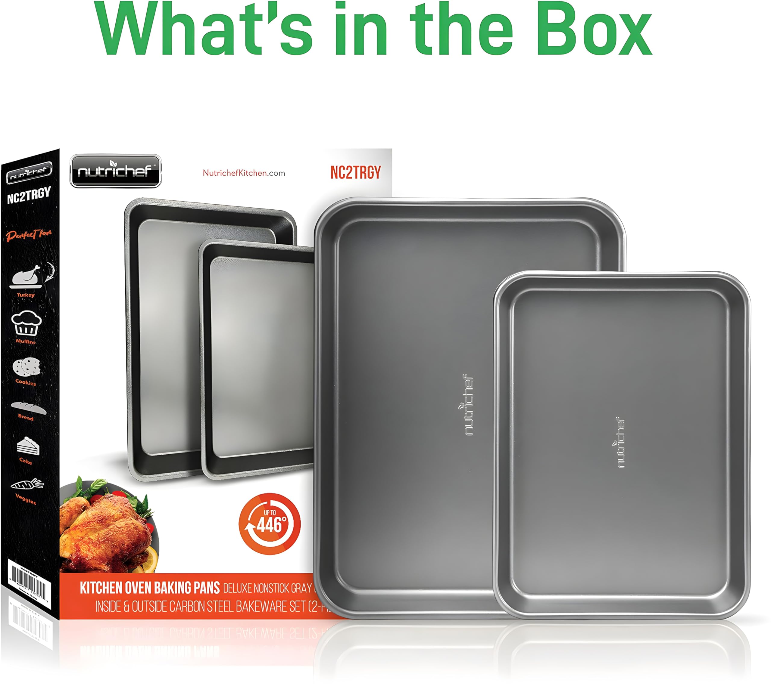 Nutrichef Nonstick Cookie Sheet Baking Pan - 2-Pc Set | Carbon Steel | Oven Safe to 450°F 8