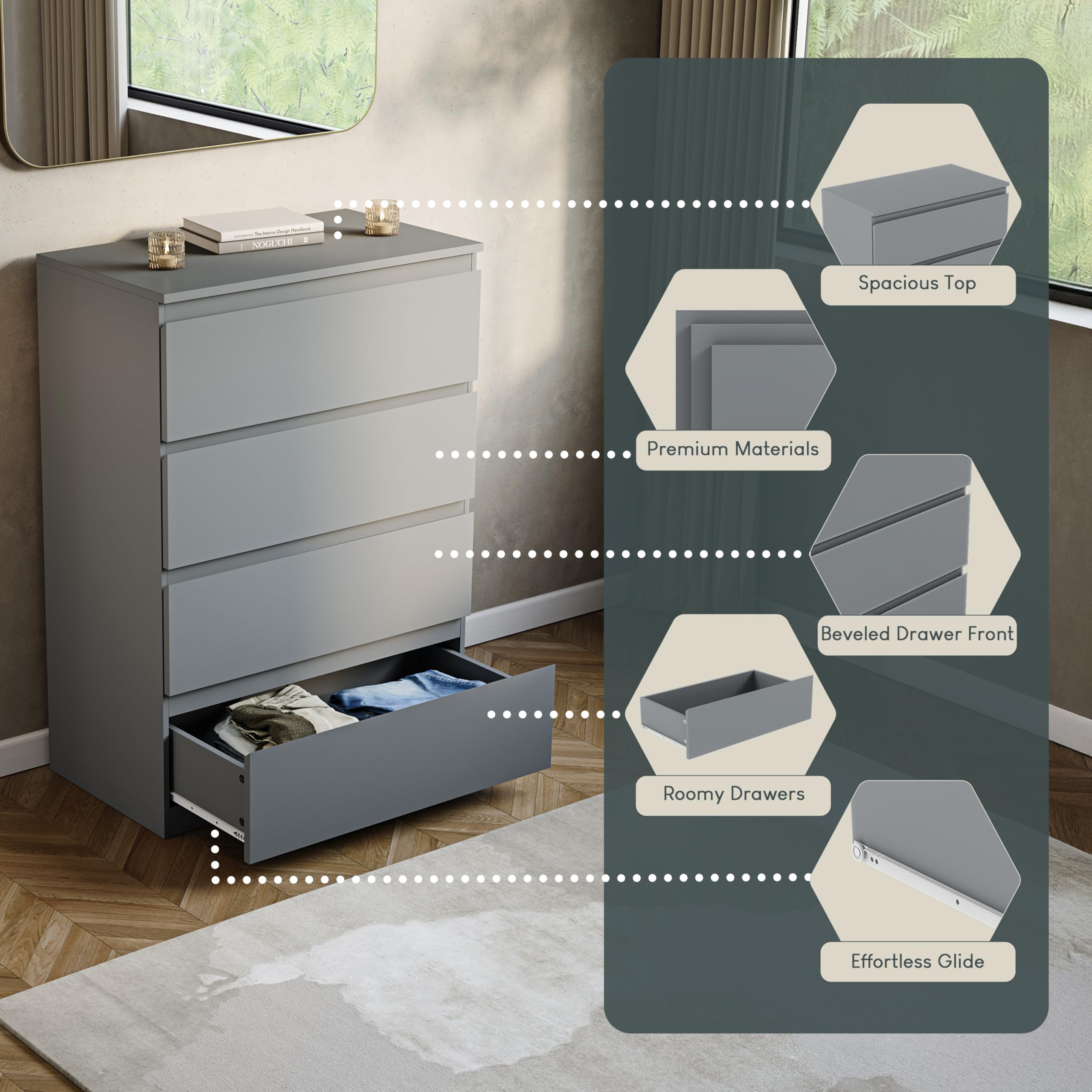 Vida Designs Denver 4 Drawer Chest of Drawers | 70W x 40D x 96H cm | Grey Engineered Wood 5