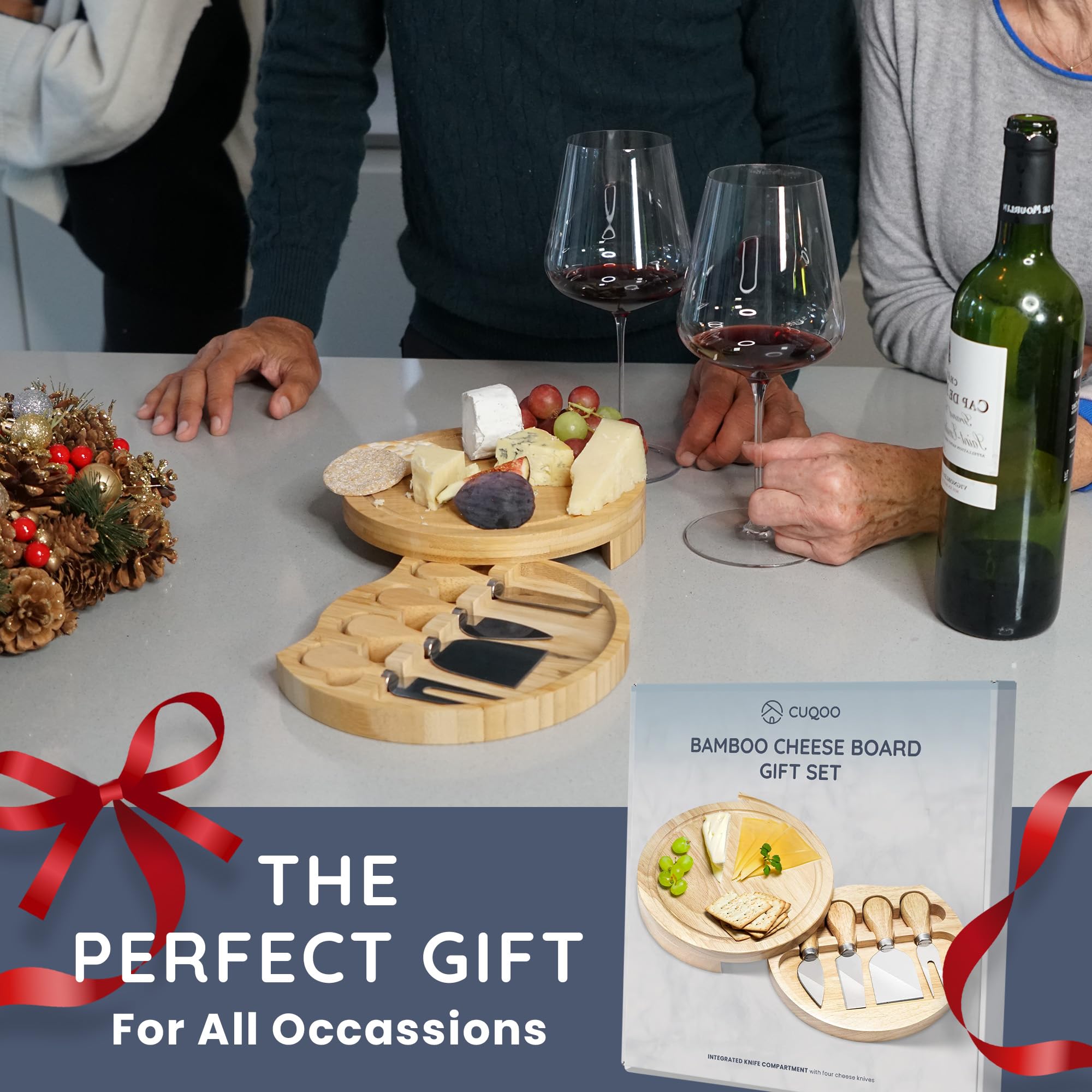 CUQOO Bamboo Cheese Board Set with 3 Knives & Fork | Hidden Drawer | 21cm Round 6