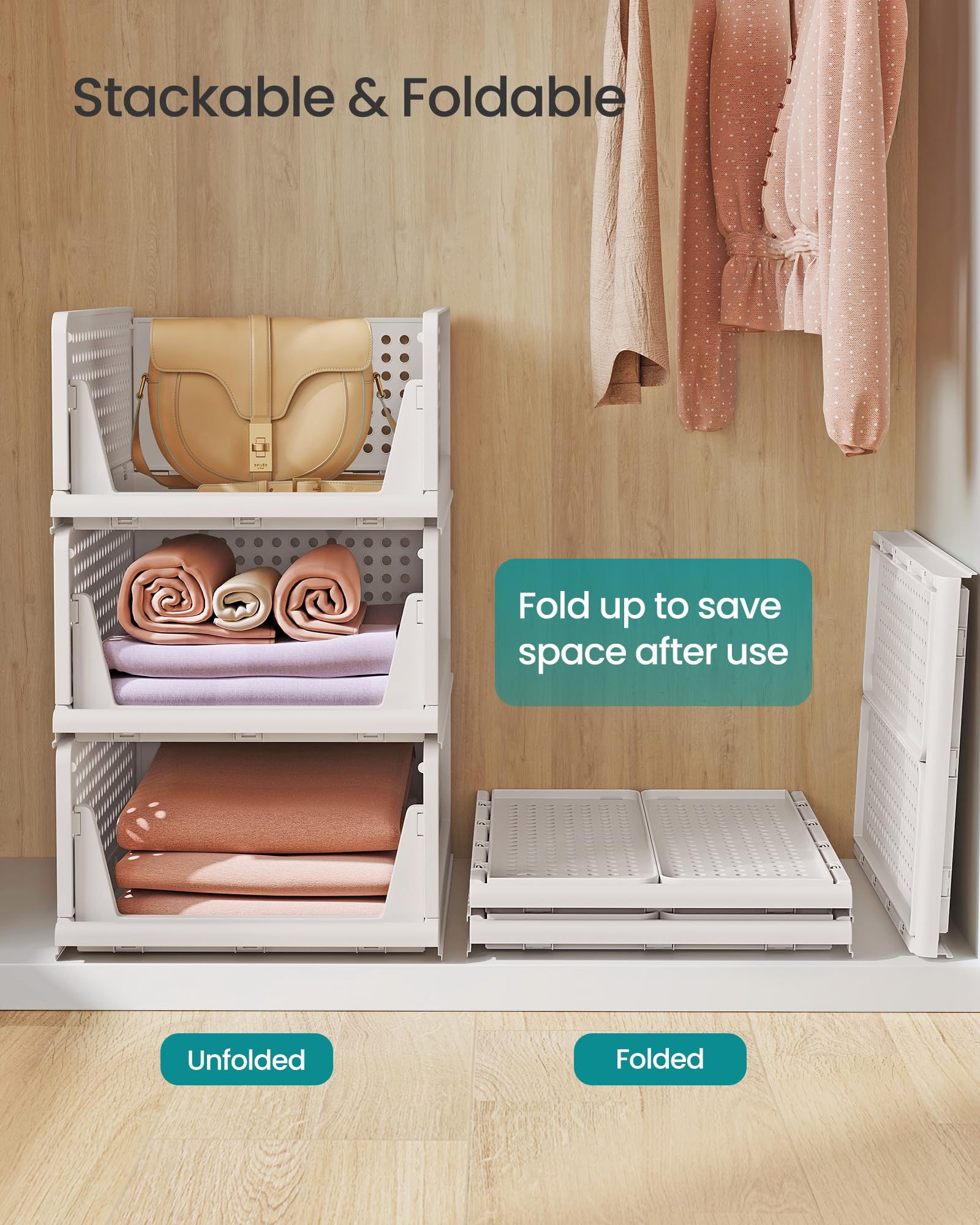SONGMICS Stackable Wardrobe Storage - Set of 6 Foldable Closet Organisers | White Polypropylene 4