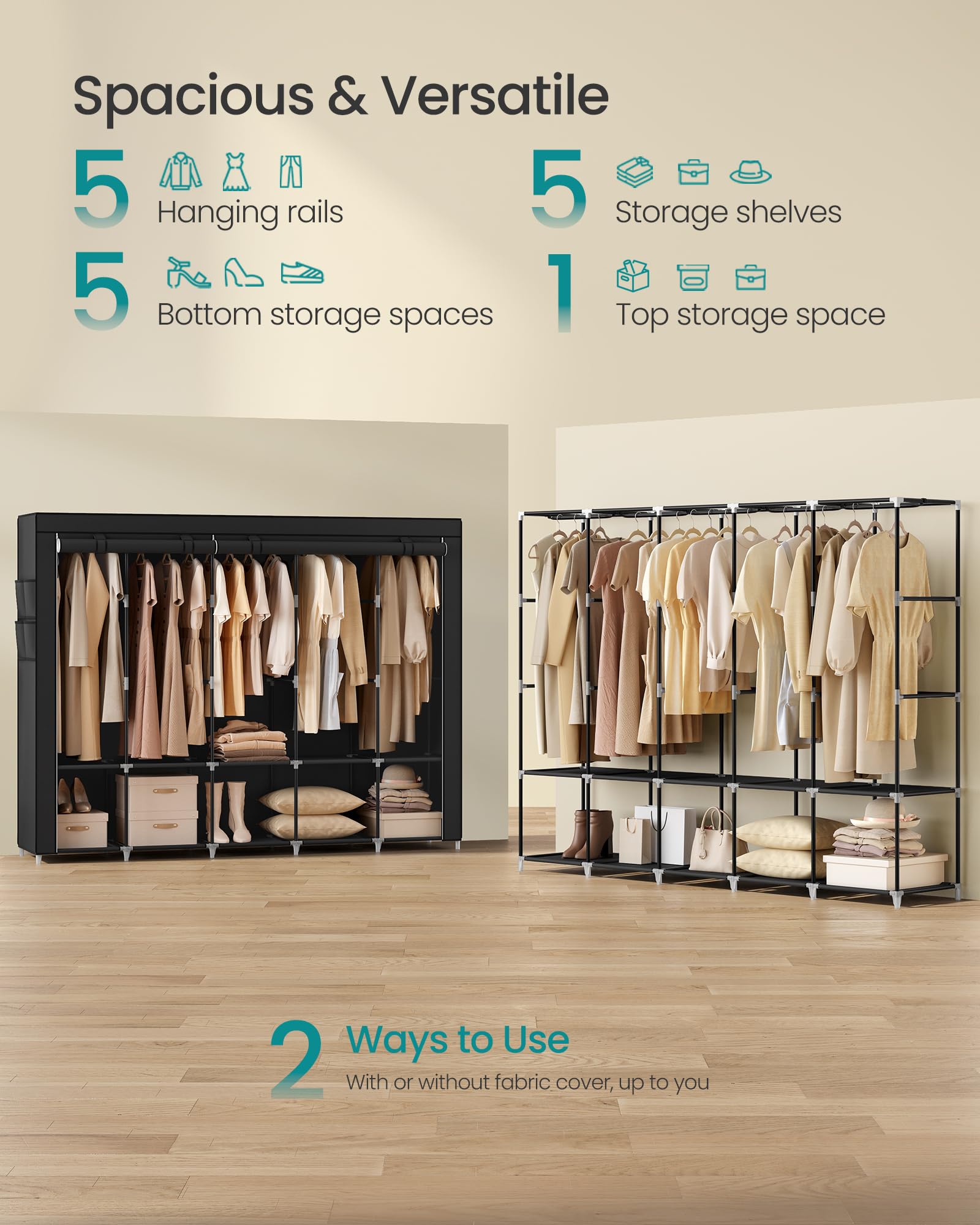 SONGMICS Portable Clothes Wardrobe - 5 Hanging Sections | Ink Black | Steel Frame 3