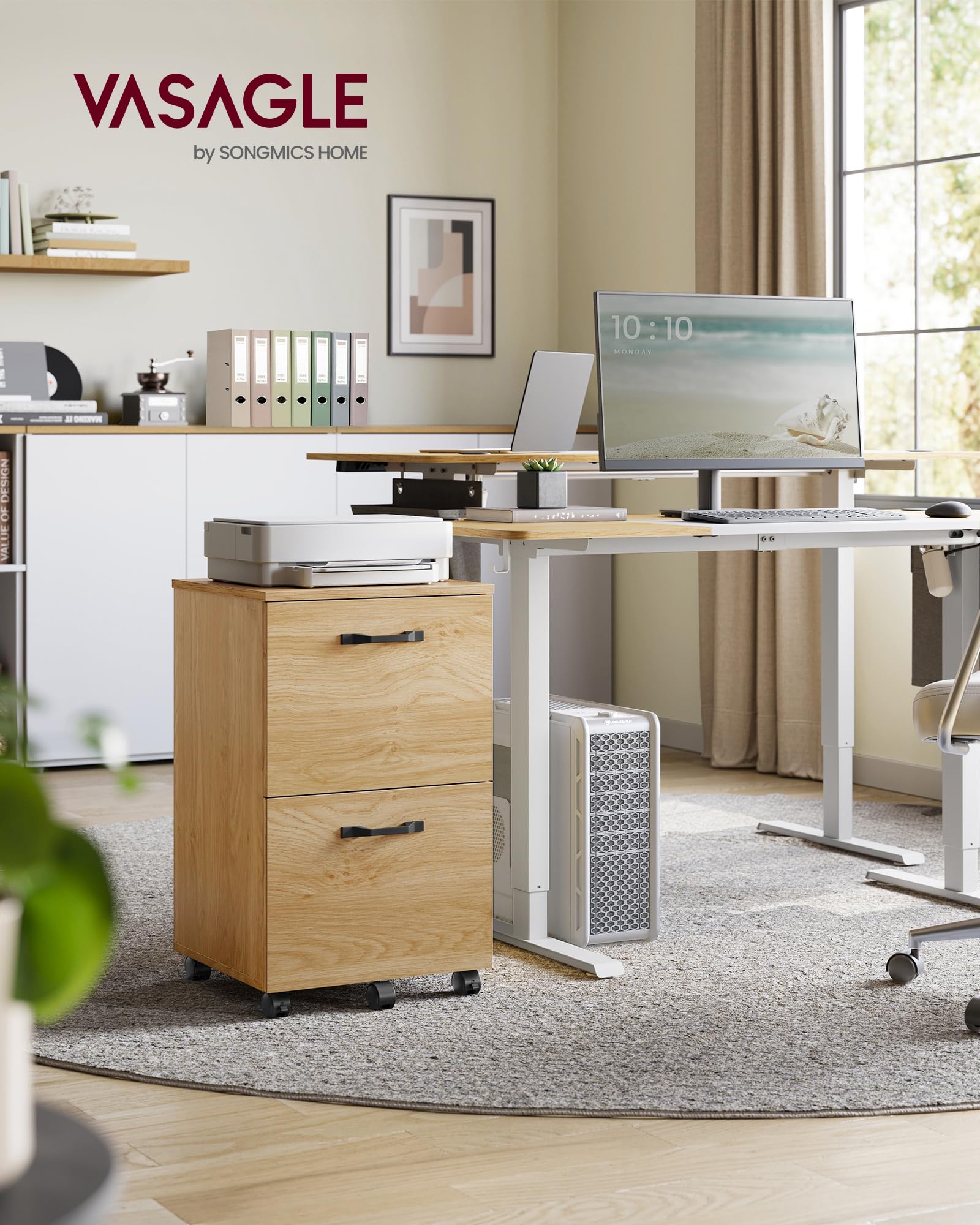 VASAGLE 2-Drawer Mobile File Cabinet - Rolling, Printer Stand, for A4/Letter Files | Straw Yellow