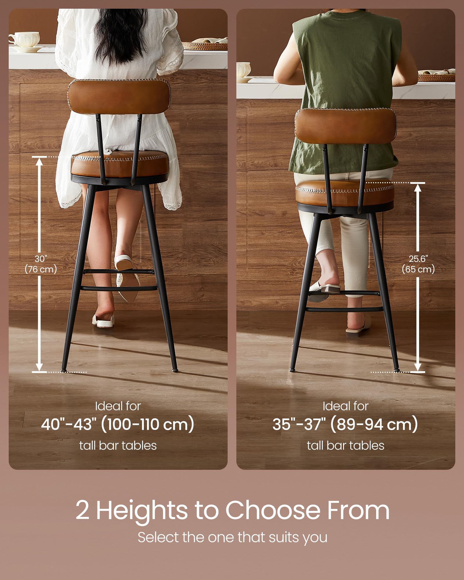 VASAGLE EKHO Collection Bar Stools - Set of 2 Swivel Counter Chairs | Caramel Brown | 57x57x101 cm 9