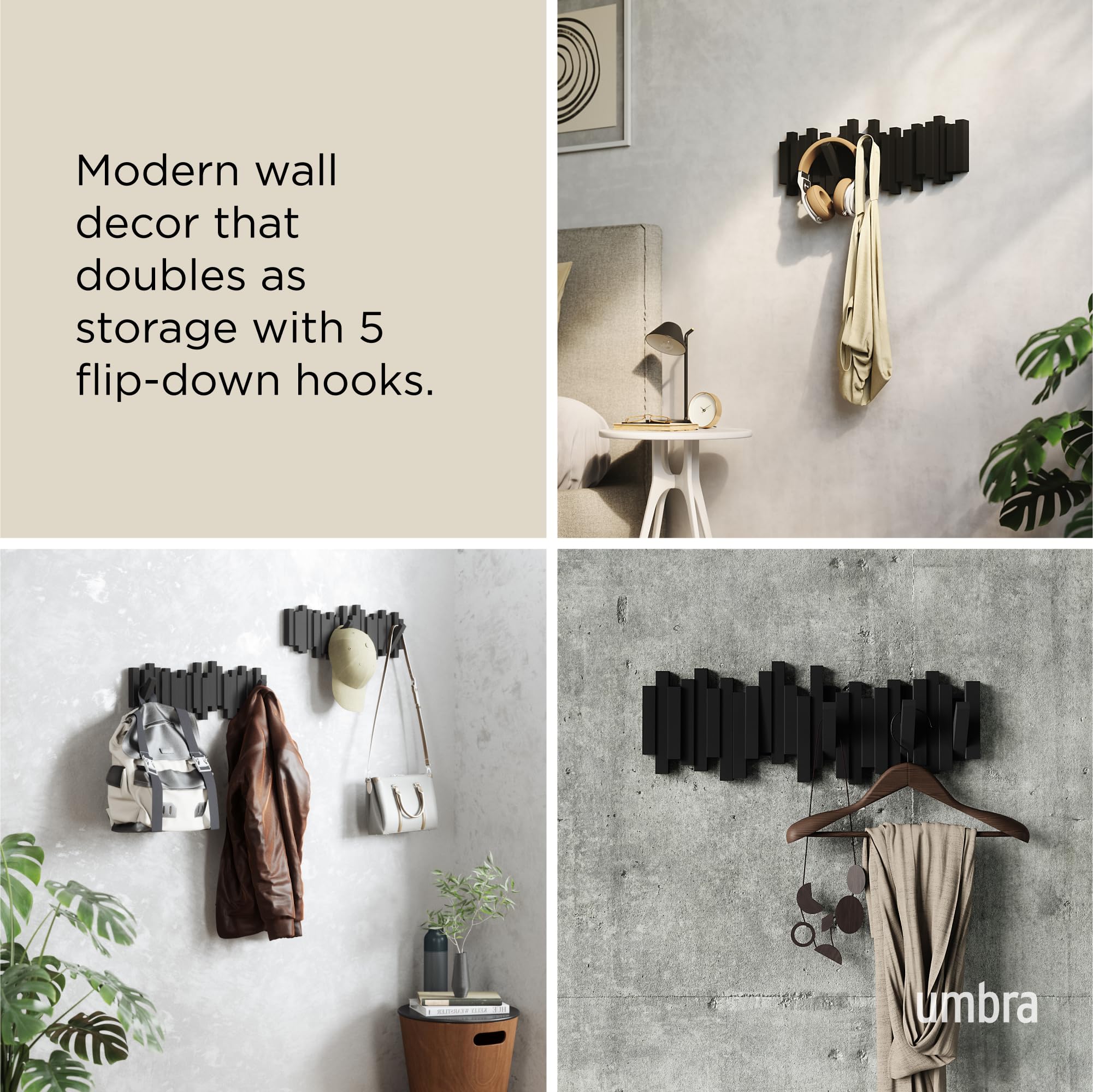 Umbra Sticks Wall-Mounted Coat Rack Rail Hook with 5 Retractable Pegs | Black Plastic 4