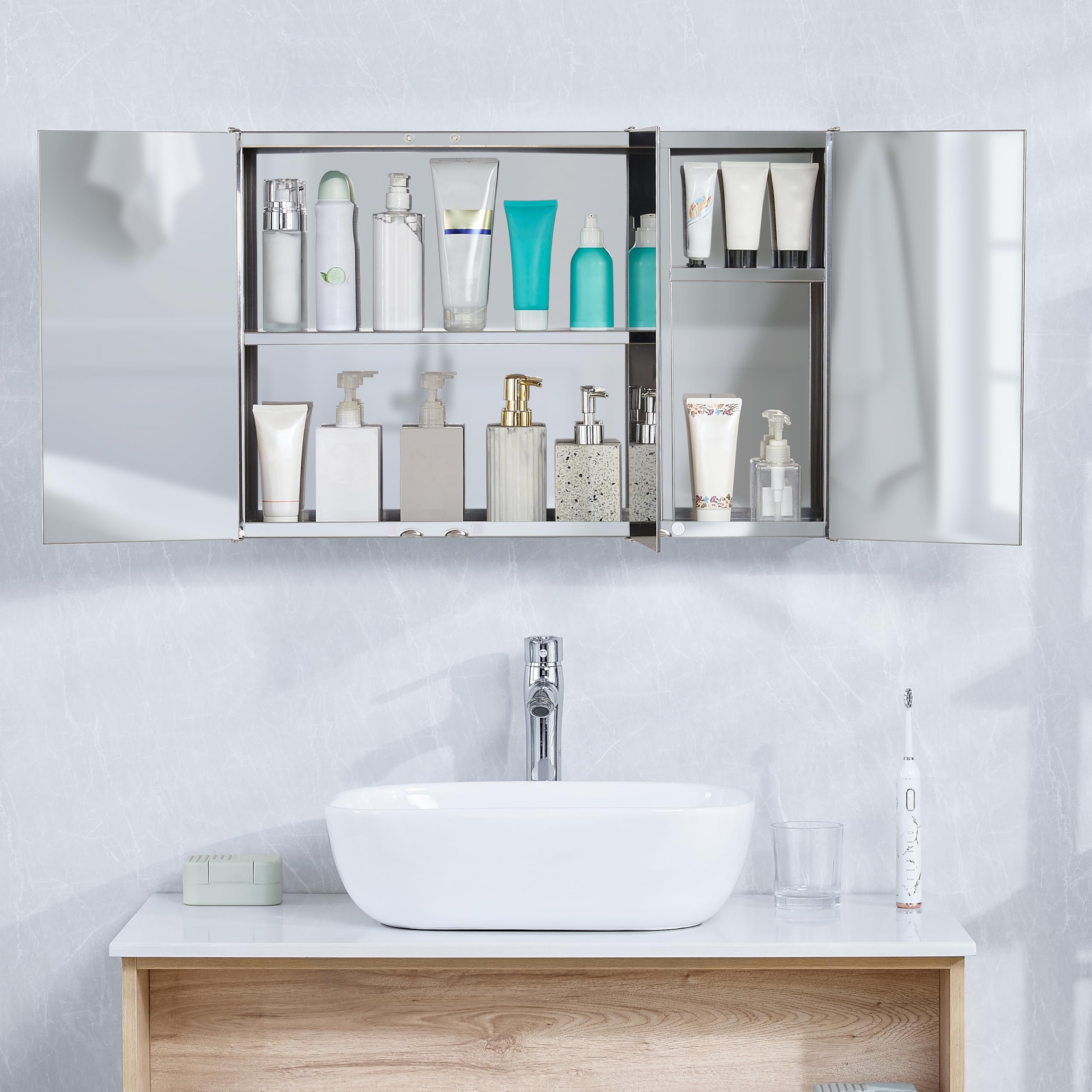 Bath Vida Tiano Triple-Mirror Wall-Mounted Cabinet | Stainless Steel | Silver Finish | Storage Cupboard 5