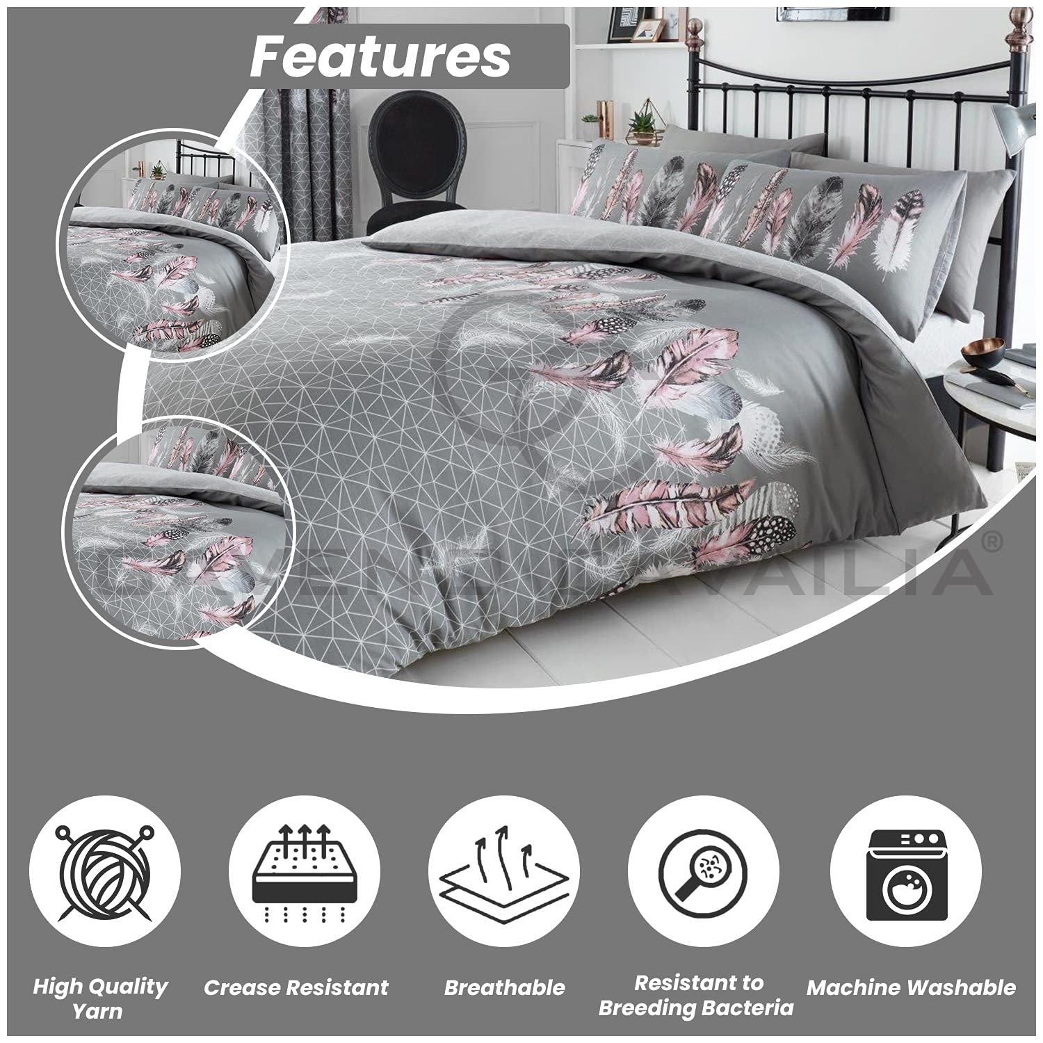 GC GAVENO CAVAILIA Luxurious Feathers Polycotton Double Duvet Cover Set | Grey | 3 Piece 3