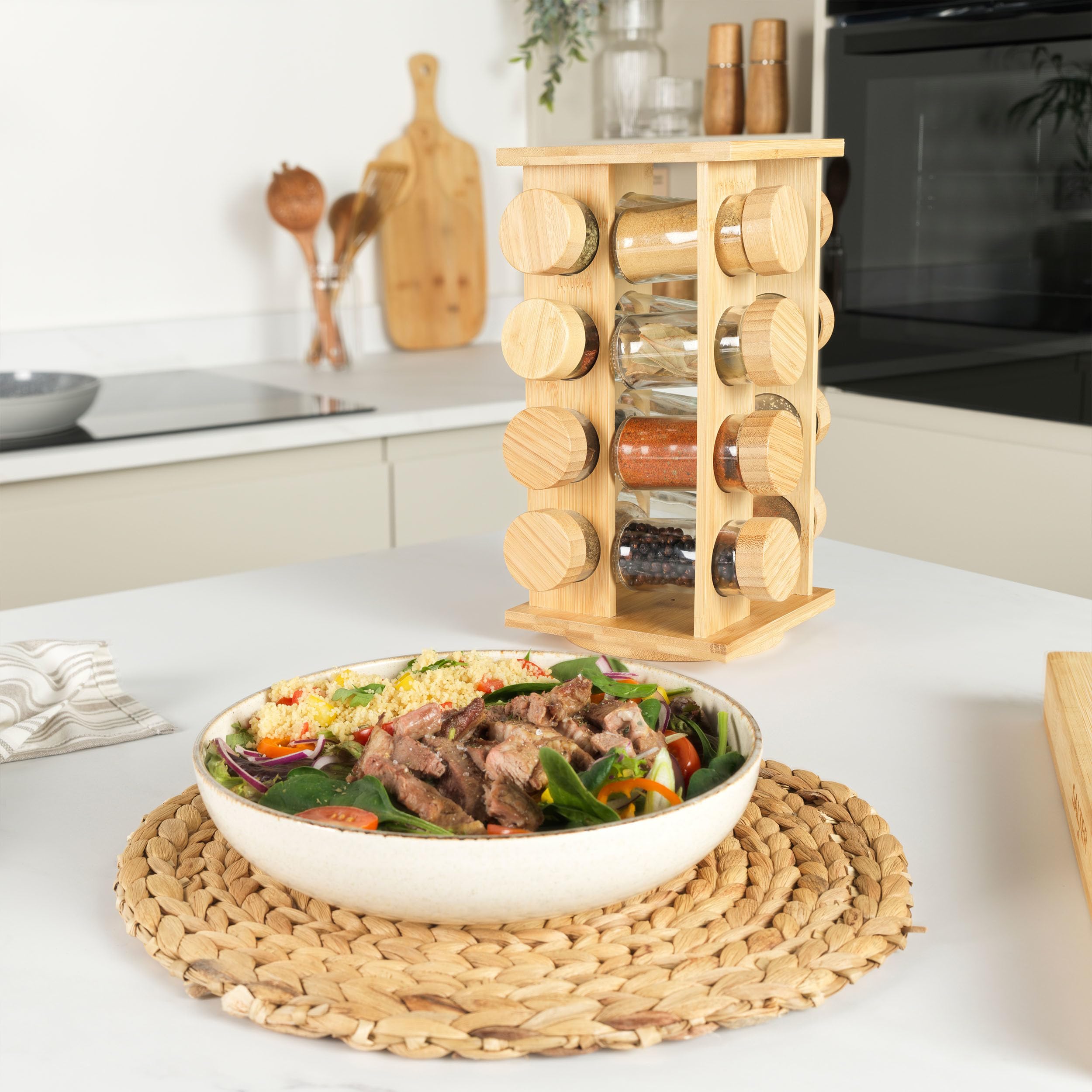 Salter Rotating Bamboo Spice Rack - 16 Jars Included | Countertop Storage | Bamboo Material 6