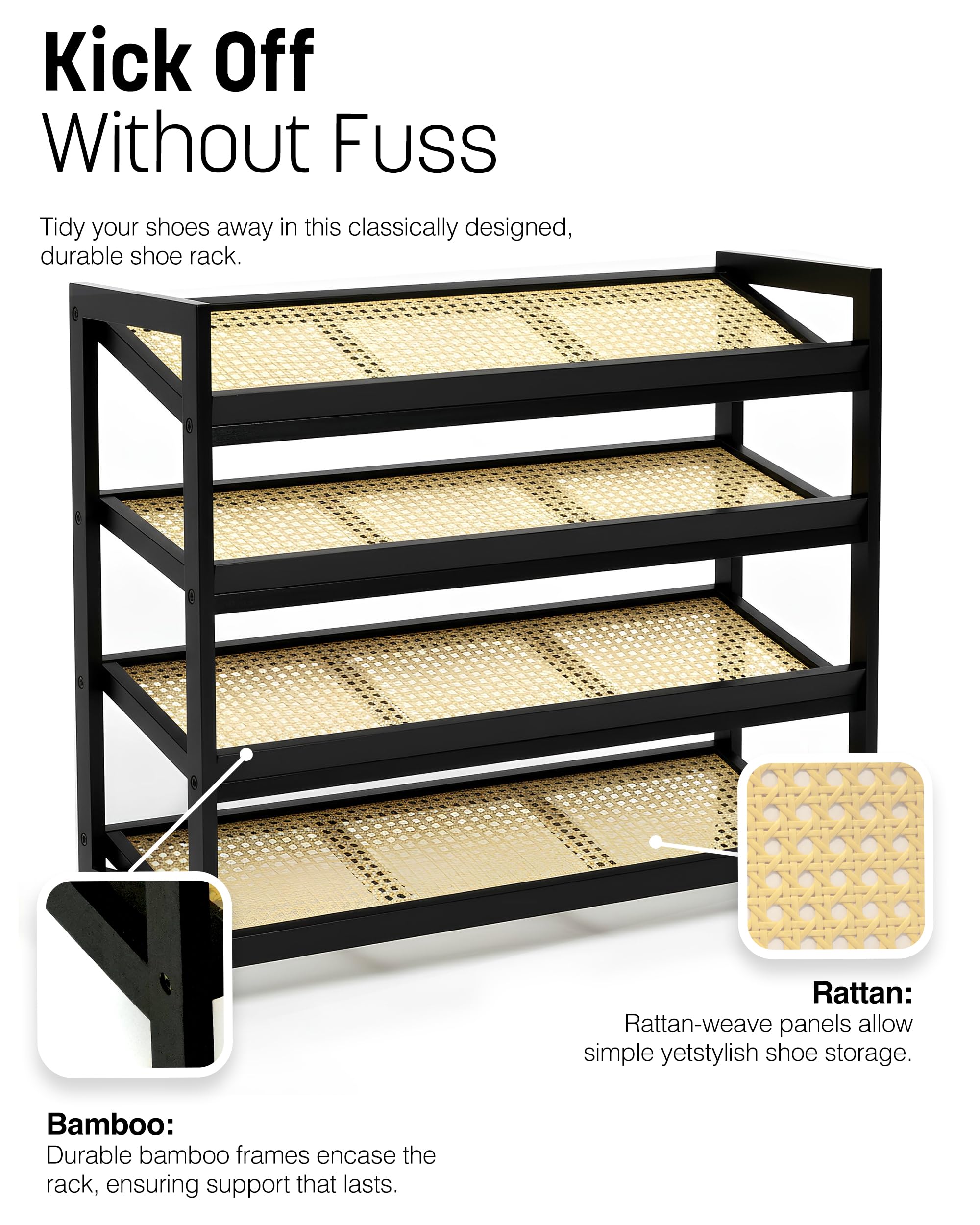 KEPLIN 4 Tier Bamboo and Rattan Shoe Rack - Natural/Black | 70x29x75 cm | Holds 12 Pairs 7